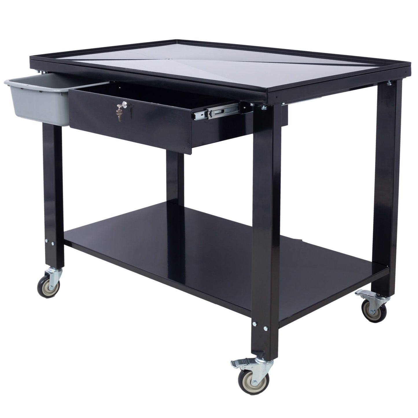 Transmission Teardown Work Station 1 / 2 Ton Capacity Sloping Drain Table Locking Drawer Removable Drain Basin Full-Width Lower Shelf Four 4" Caster Wheels Daily Nest