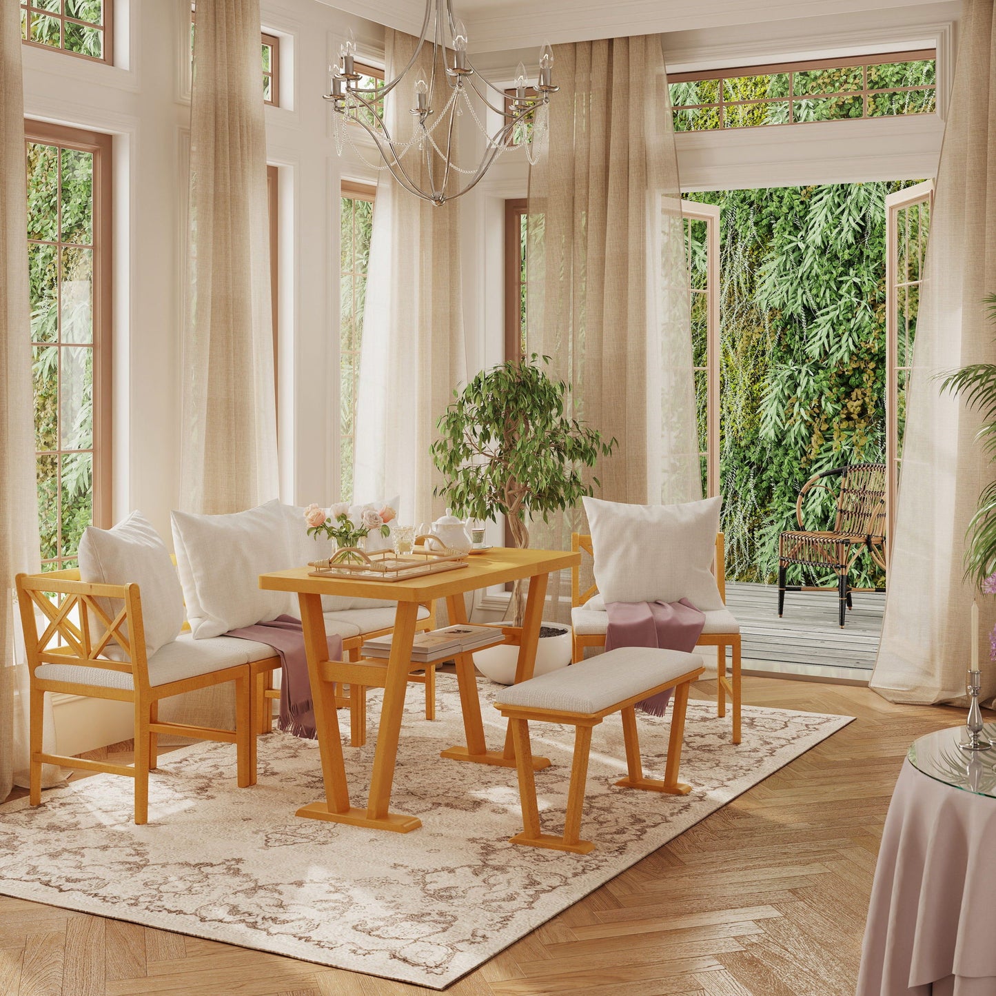 Farmhouse Solid Wood Dining Nook Set For 6, Space Saving High Top Corner Table With Bench & Chairs - Natural / White Hearth and Haven