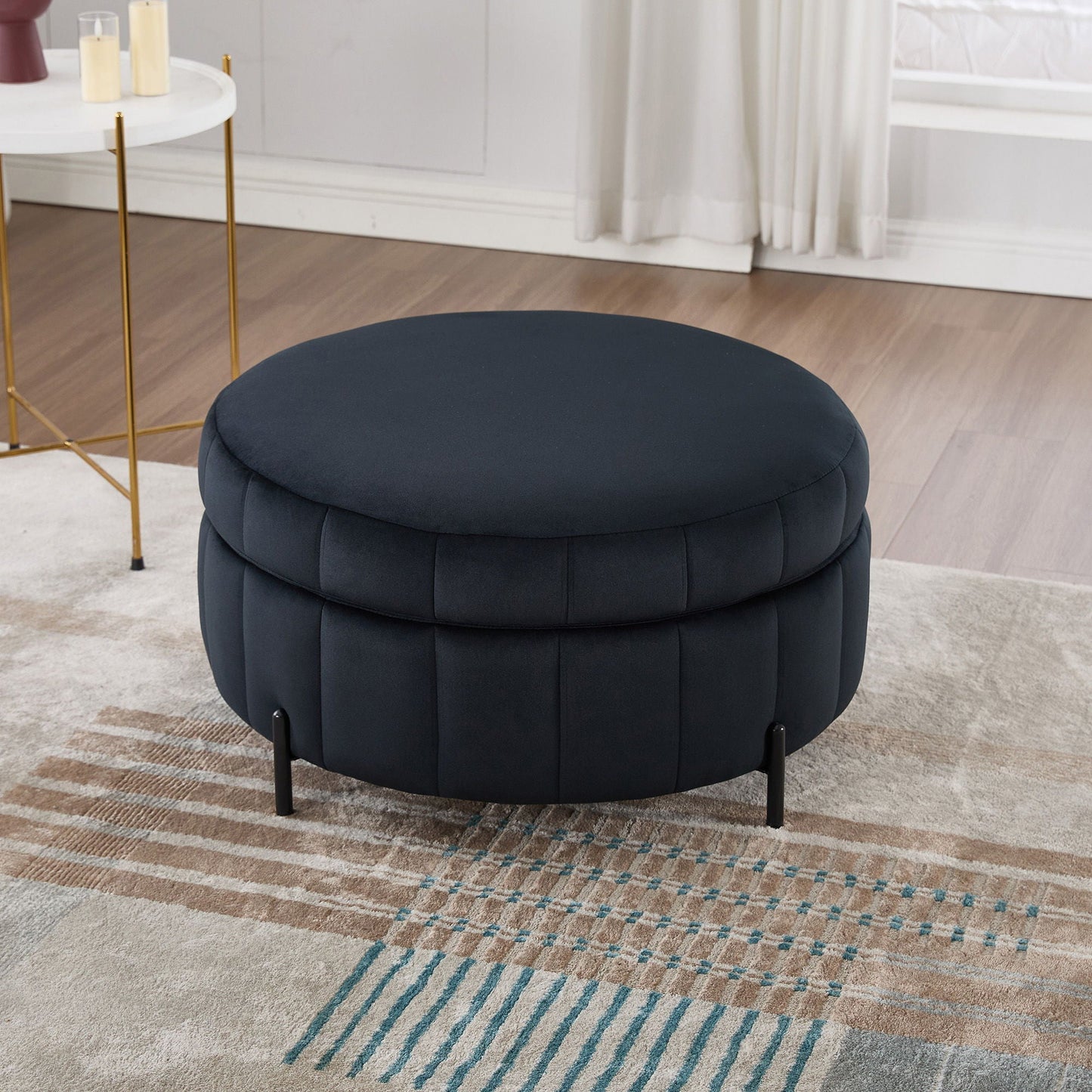 Upholstered Round Ottoman With Reversible Lid, Channel Tufted Pumpkin Shape Home Essentials