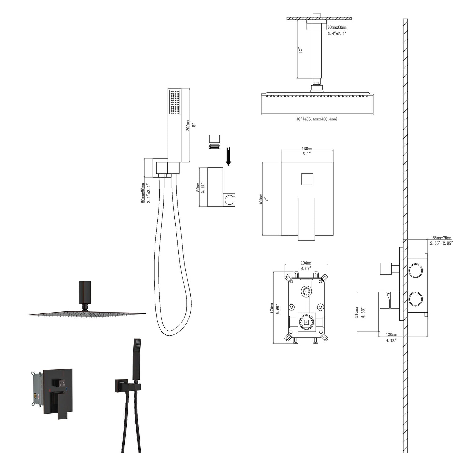 Dual Shower Head 16" Ceiling Mount Square Shower System With Rough In Valve Daily Nest
