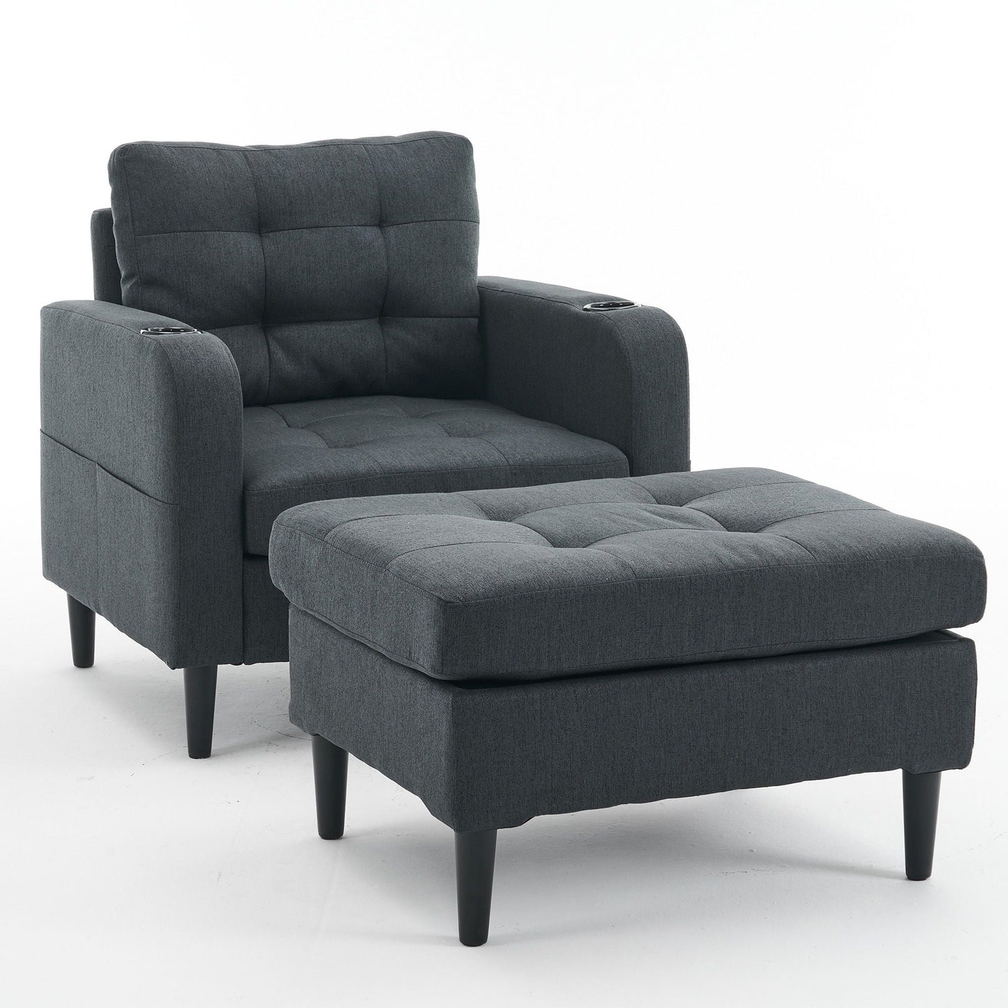 Upholstered Armchair And Storage Ottoman Set, Comfortable Single Sofa With Cup Holders And Tufted Detailing, Ideal For Living Room Or Bedroom Home Essentials