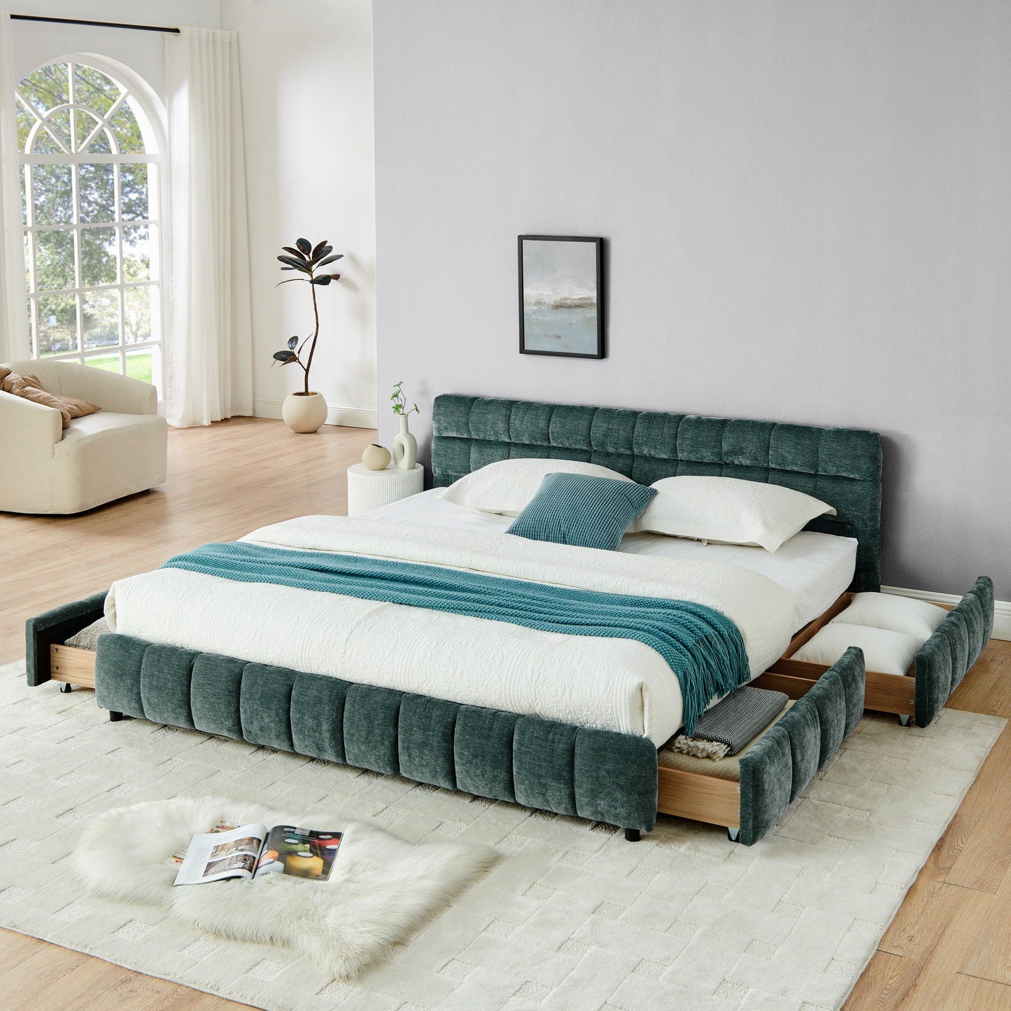 Modern Platform Bed Frame With Thick Chenille Fabric Home Essentials
