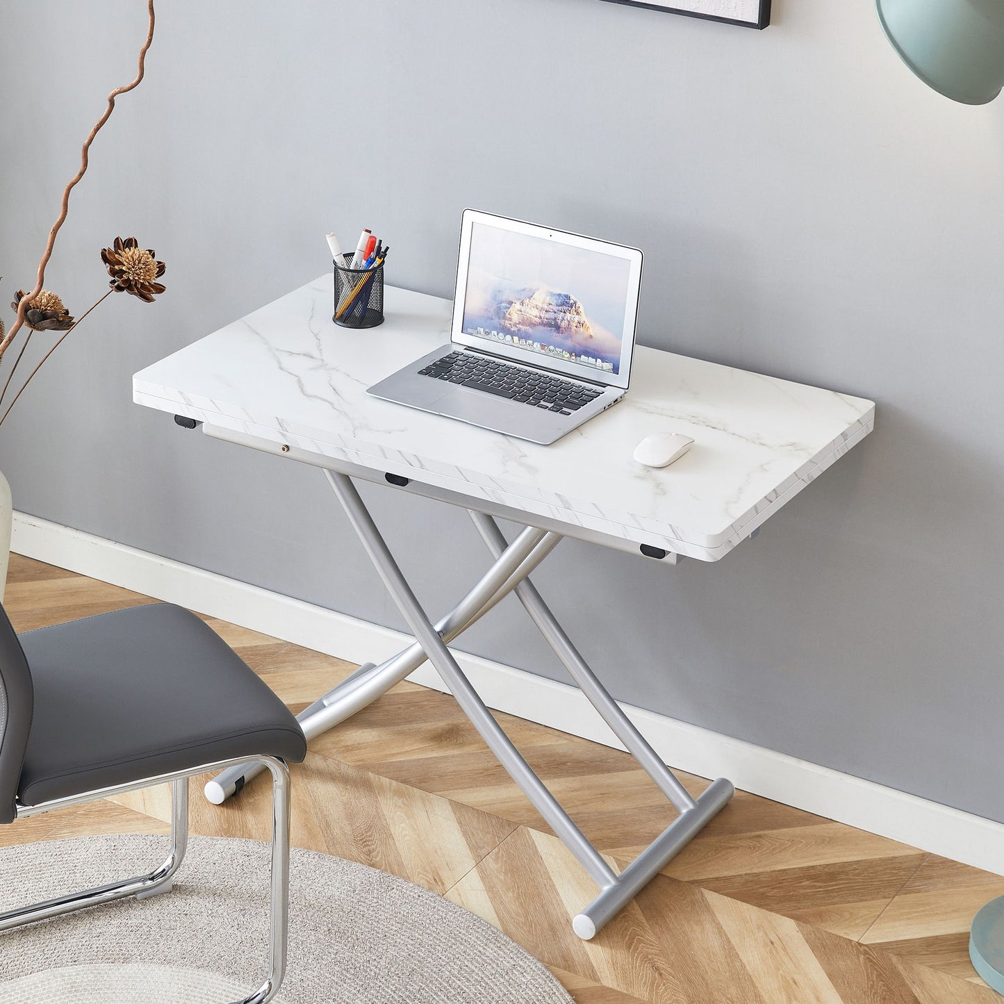 Modern Minimalist Multifunctional Lift Table With Metal Legs - White / Silver Home Essentials