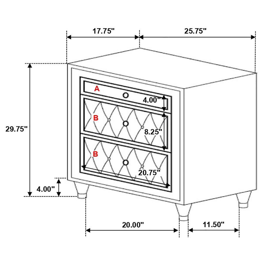 Antonella - Upholstered 3-Drawer Nightstand CoasterElevations