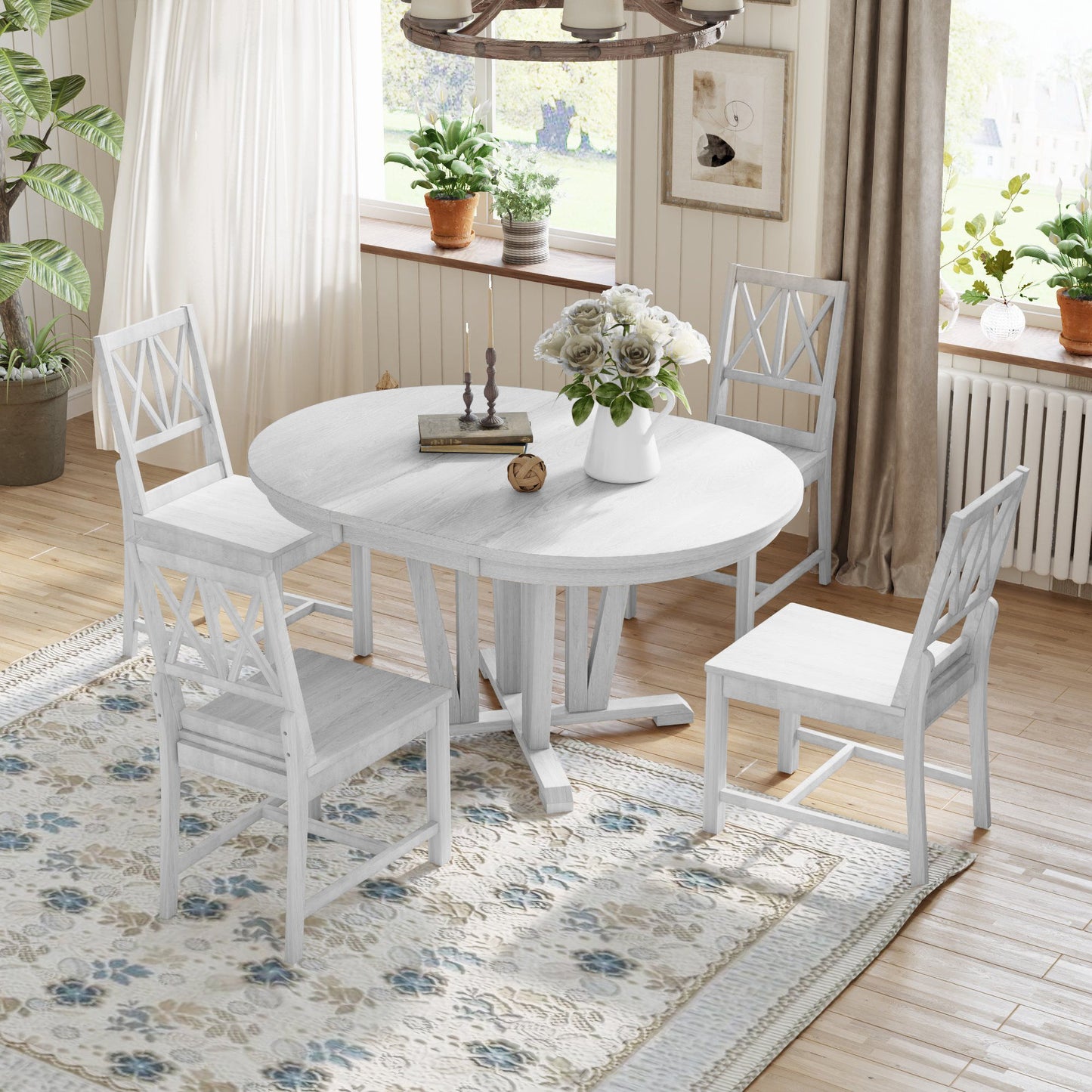 Topmax - 5 Piece Rustic Extendable Dining Table Set Round Trestle Table And 4 Cross Back Dining Chairs For Kitchen, Dining Room Hearth and Haven