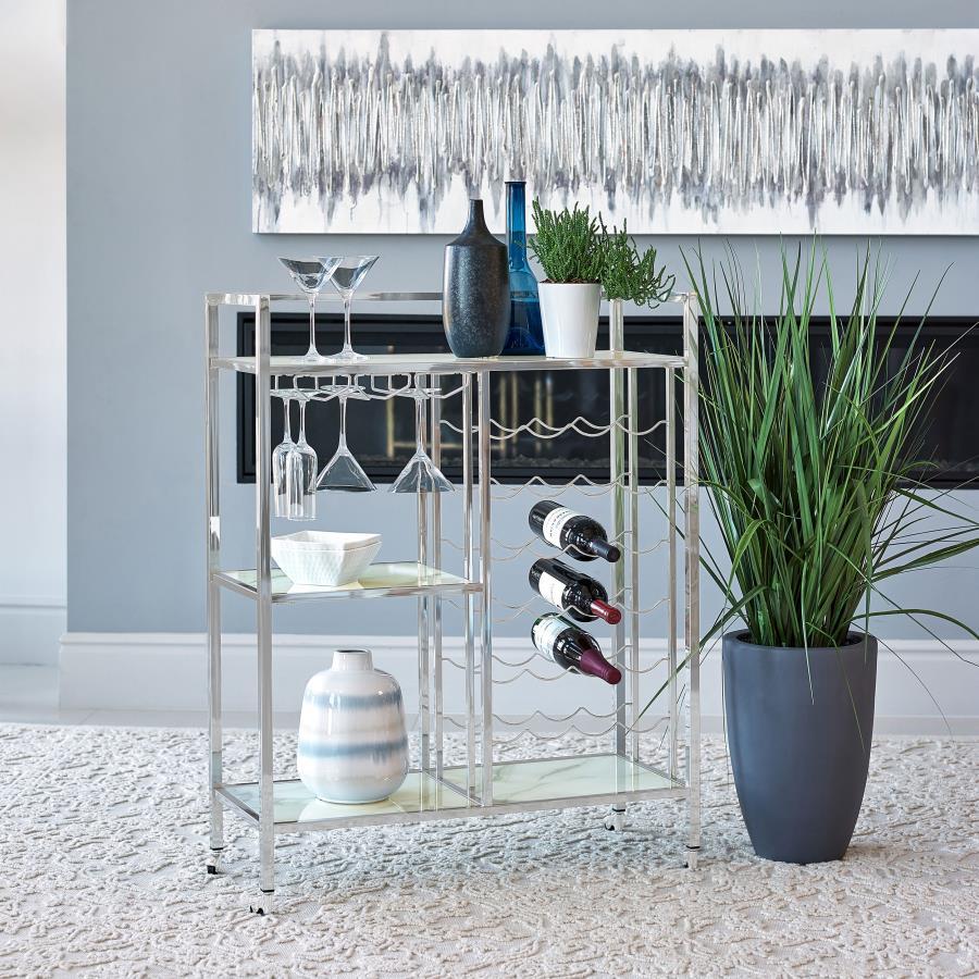 Derion - 3-Tier Rectangular Glass Shelf Metal Bar Cart - Chrome CoasterEssence