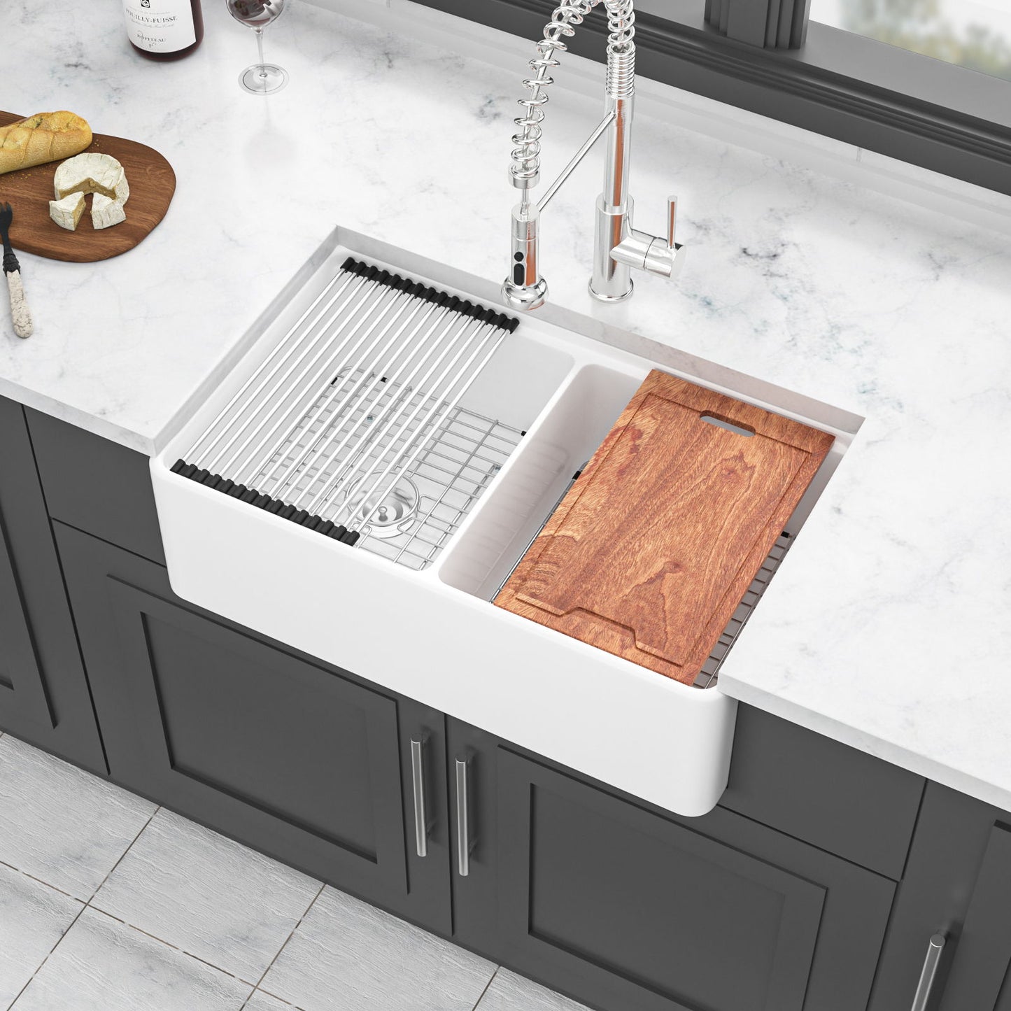 Double Bowl Sink Workstation 33" With Built In Work Surface And Accessories - White Daily Nest