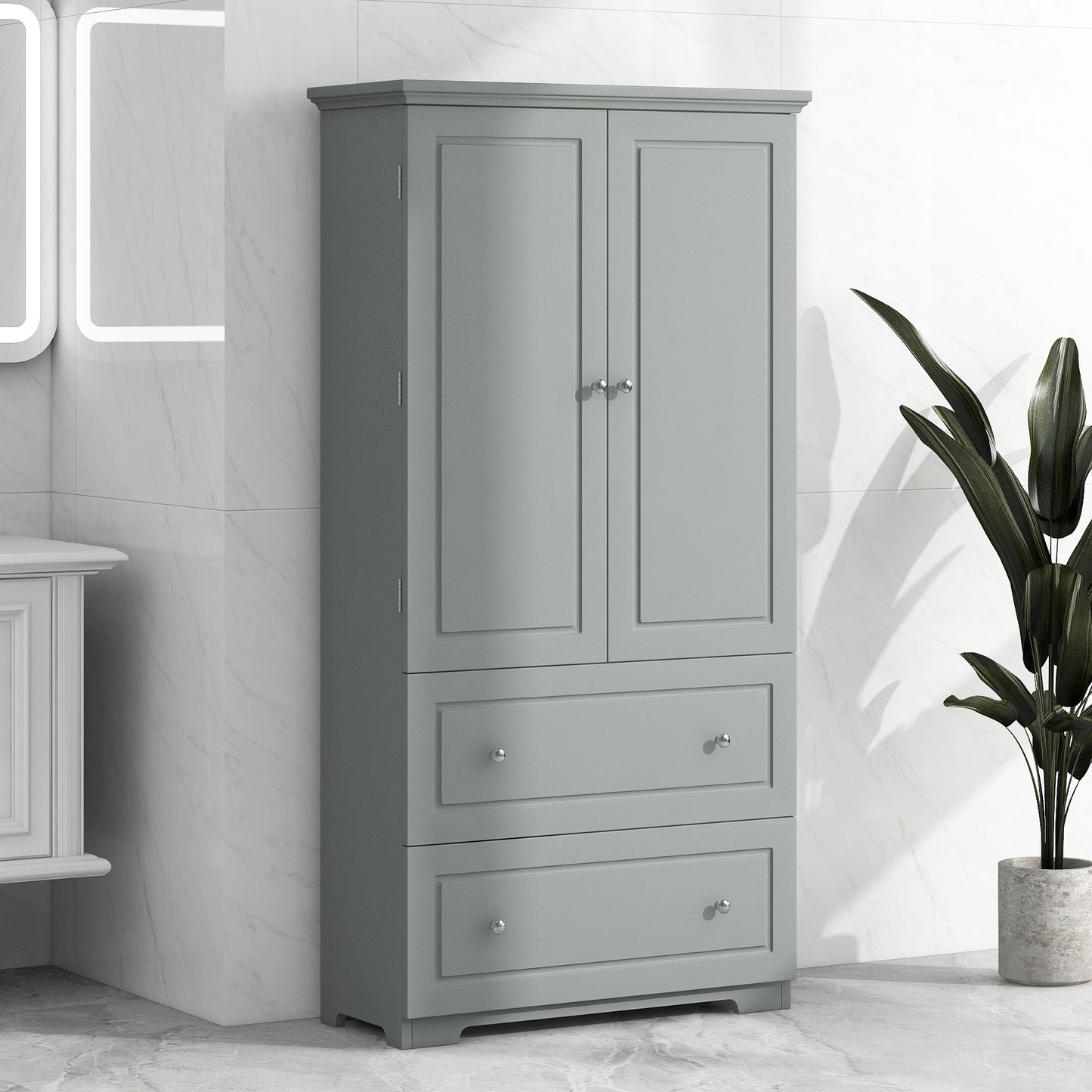 Wide Bathroom Storage Cabinet, Freestanding Storage Cabinet With Two Drawers And Adjustable Shelf, MDF Board With Painted Finish - Gray Hearth and Haven