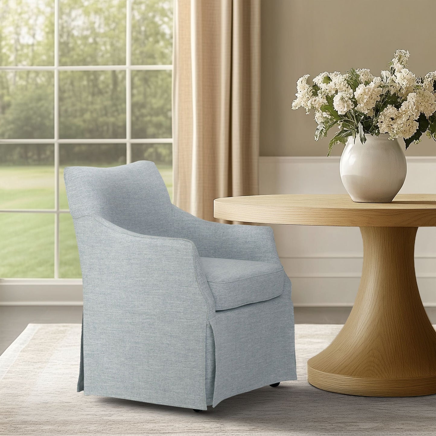 London - Upholstered Skirted Dining Arm Chair With Hidden Casters - Light Blue Martha Stewart