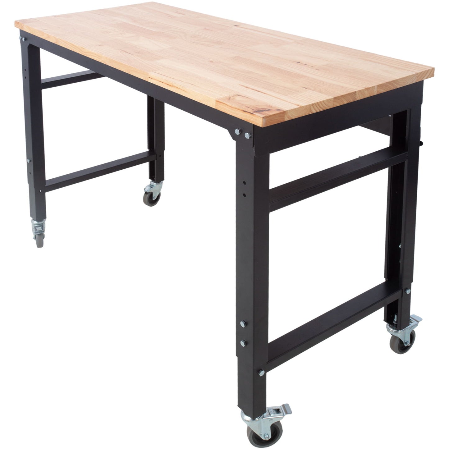 Wide Rolling Workbench For Garage, Adjustable Height, Workshop Tool Bench, Metal With Rubber Wood Top Daily Nest