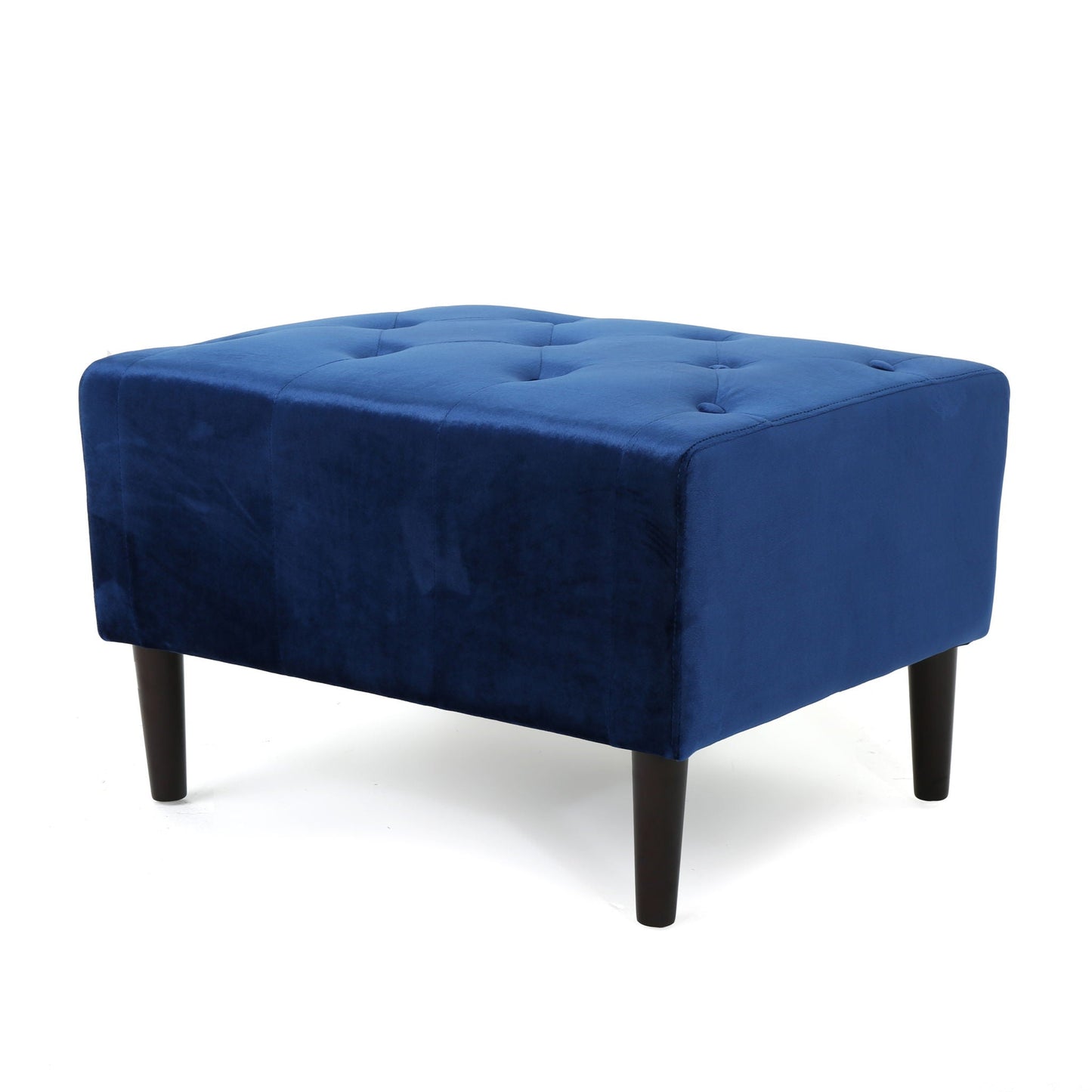 Mid Century Ottoman Velvet With Button Tufting With Birch Wood Legs - Navy Blue Noble House