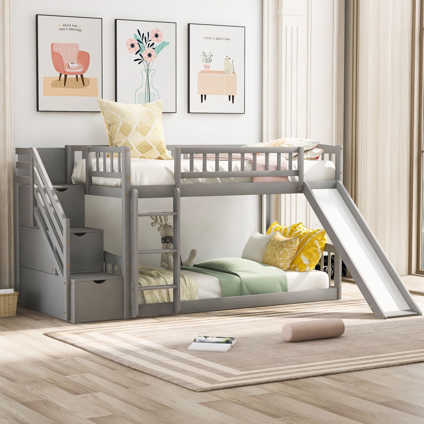 Twin Over Twin Bunk Stairway Bed With 2 Drawers And Slide - Gray DreamHaus
