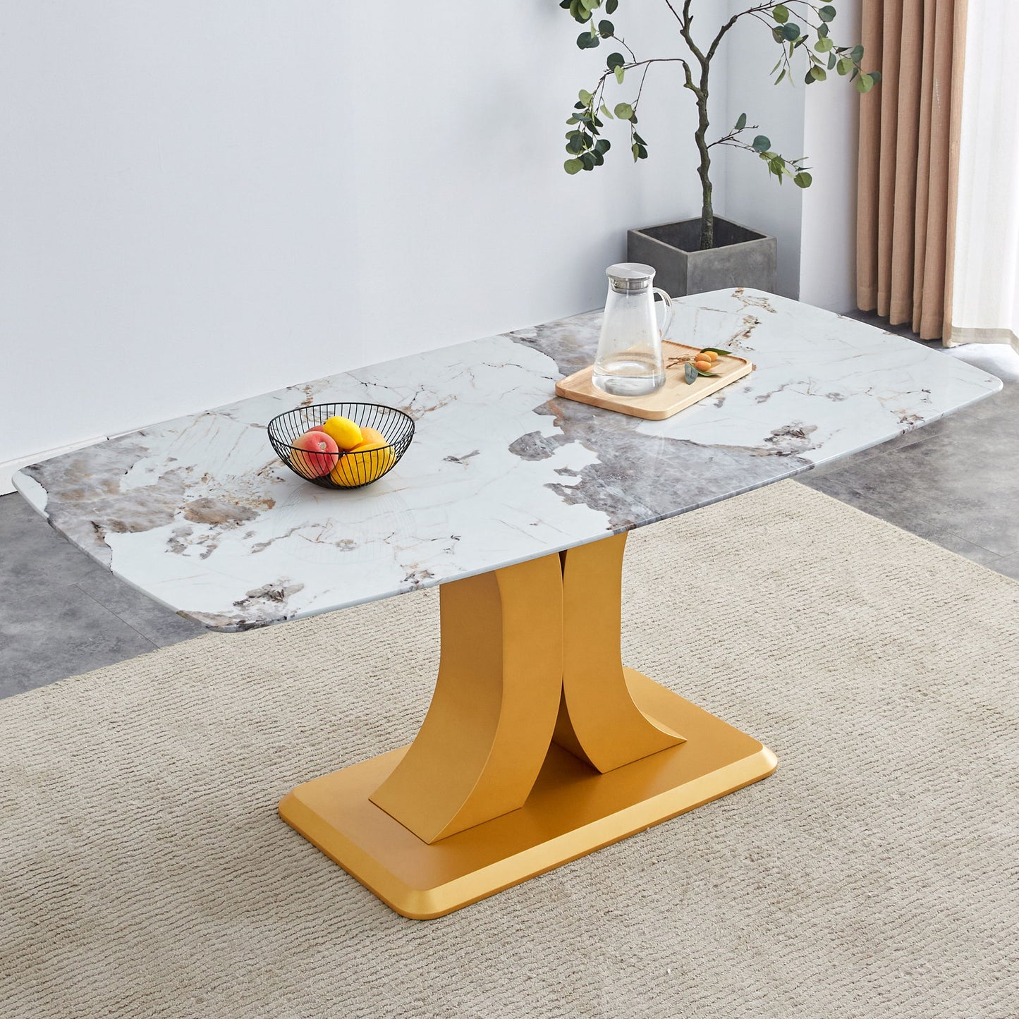 Modern Minimalist Dining Table With Imitation Marbled Glass Top And Legs For Kitchen And Living Room - Gold Home Essentials