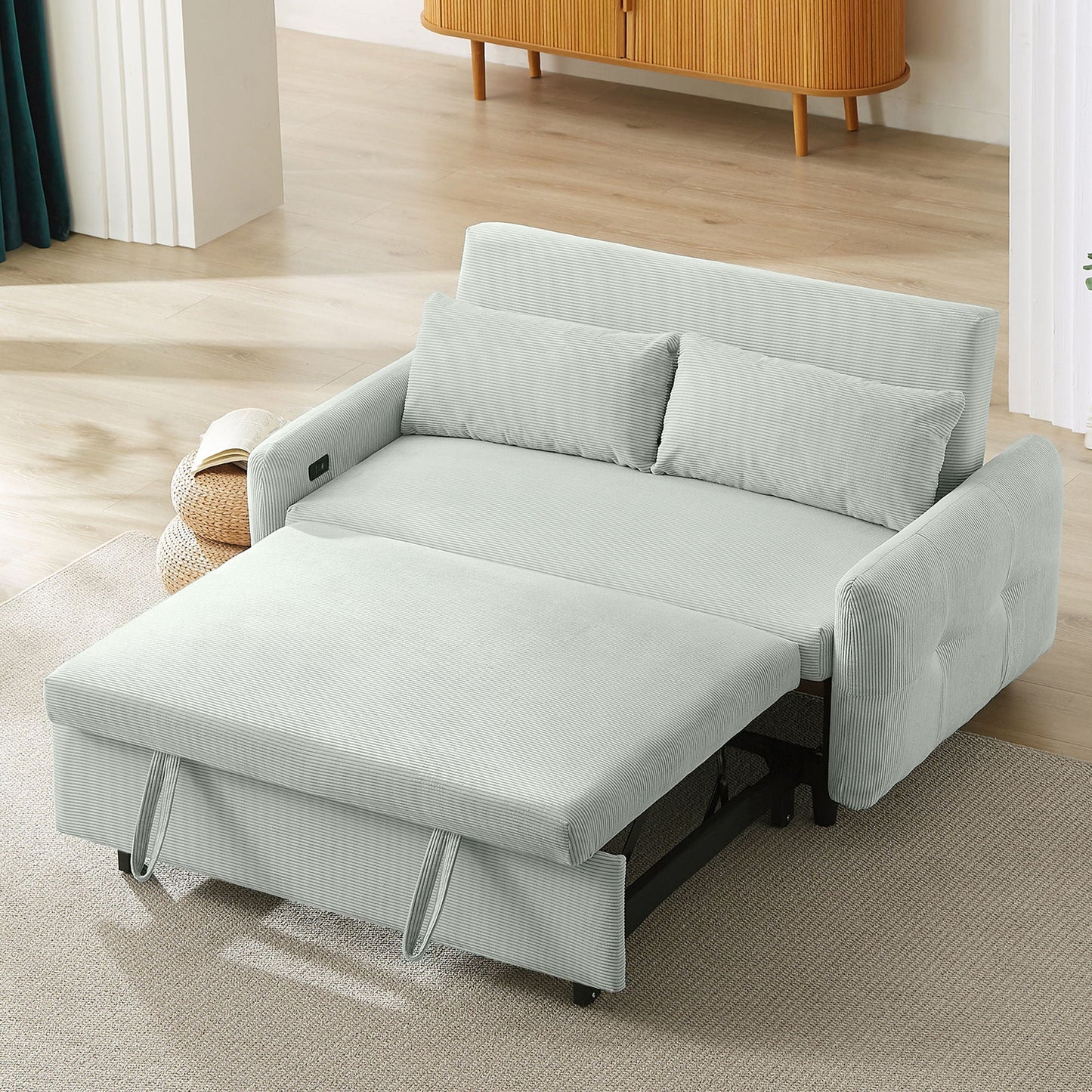 Pull-Out 2 Seat Modern Sleeper Sofa With 2 Throw Pillows And USB Ports Hearth and Haven