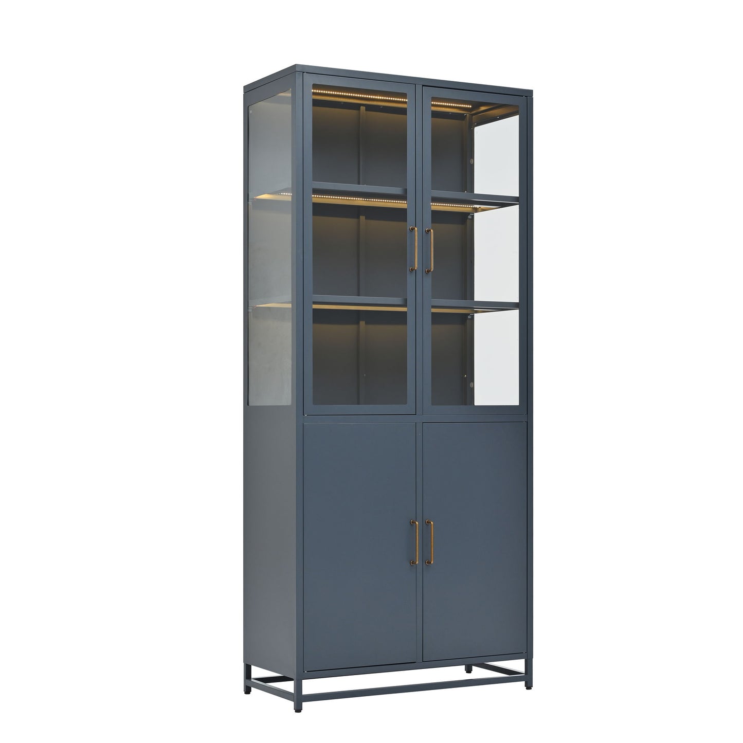 Modern Style Tall Steel Display Cabinet With Double Glass Doors, LED Lights Hearth and Haven