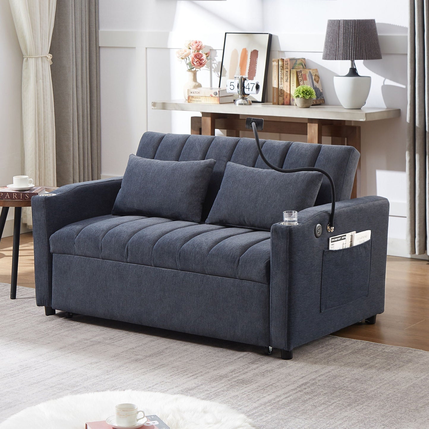 Convertible Sofa Bed Loveseat Sofa With Three USB Ports, Two Side Pockets, Two Cup Holders And 360° swivel Phone Holder For Living Room Hearth and Haven
