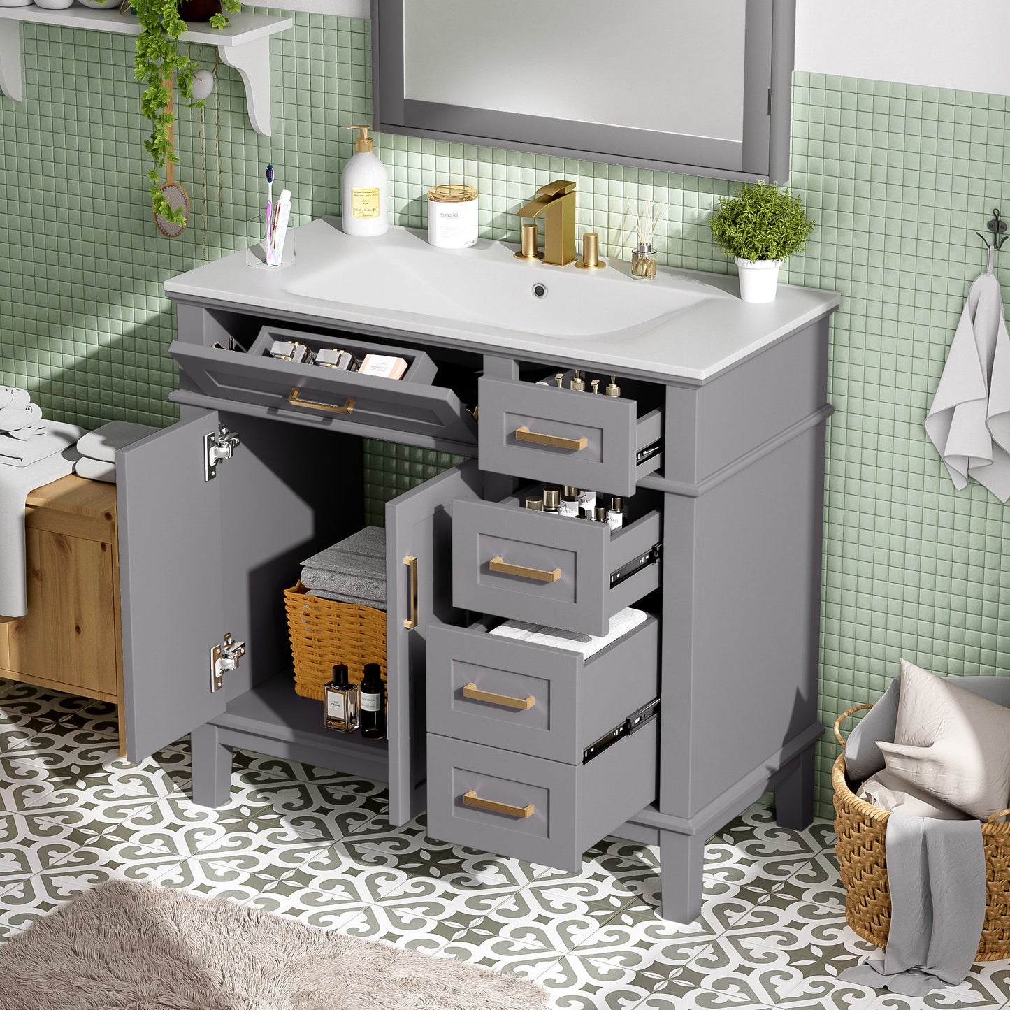 Modern Bathroom Vanity With Ceramic Sink, Soft Close Storage Cabinet Hearth and Haven