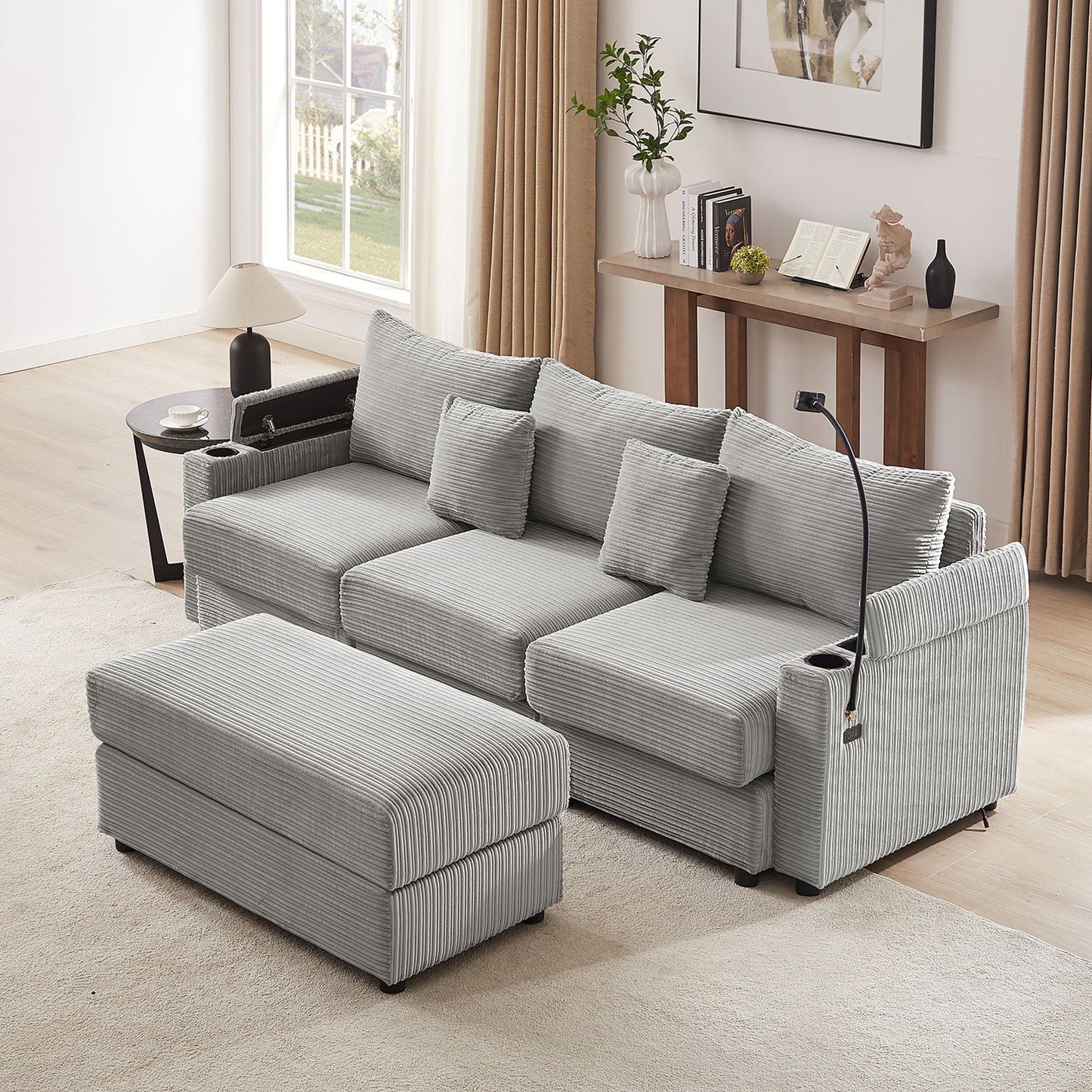 Modern Style Loveseat Sofa Sectional Sofa Couch With Storage Space, A Movable Ottoman, Two USB Ports, Two Cup Holders, A Phone Holder For Living Room Hearth and Haven