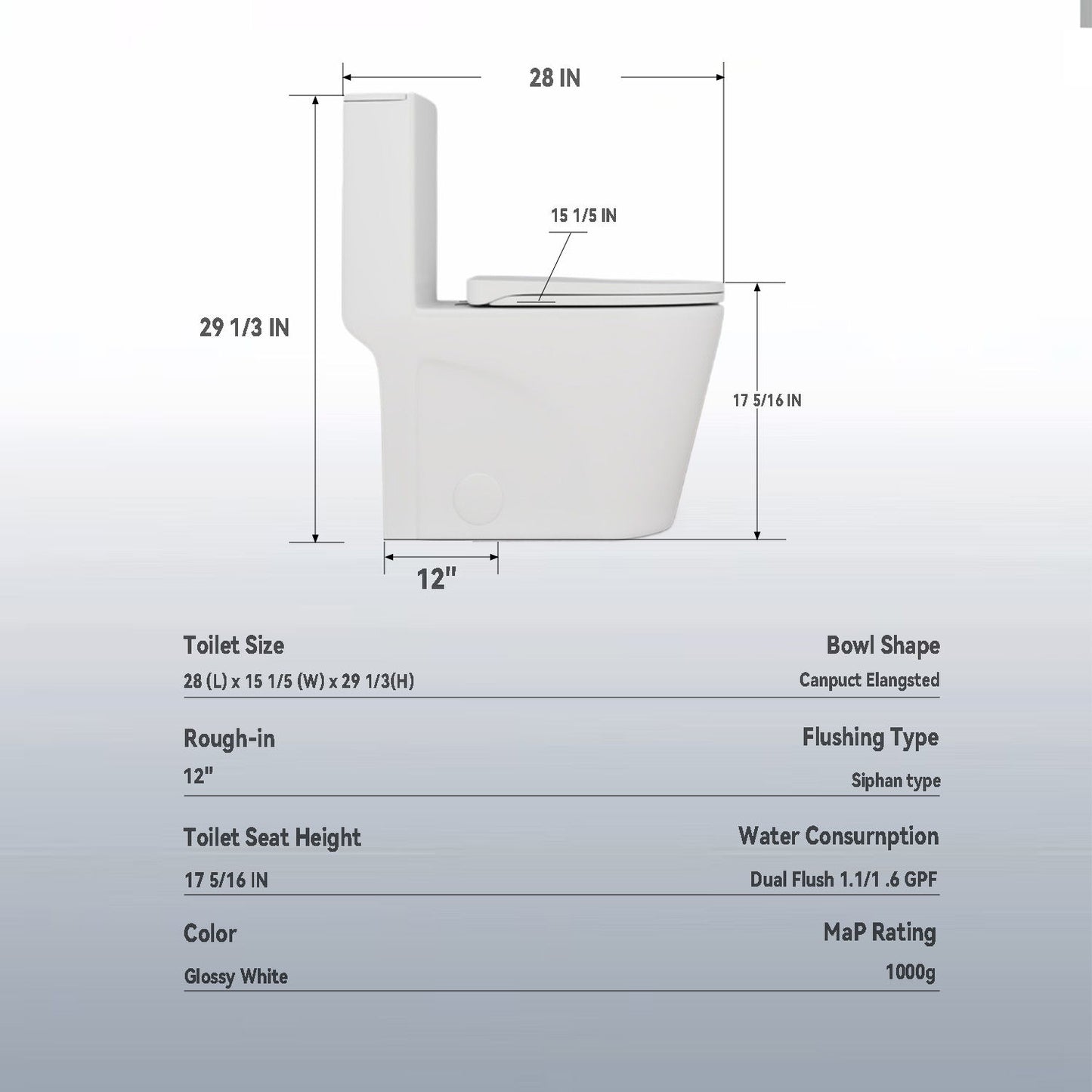 Upgraded Design Armrest, With Glossy Gw 007 1 Piece Toilet With Tornado Flush, Soft Close Seat, Dual Flush Map 1000G, Comfort Chair Seat - Gloss White Daily Nest