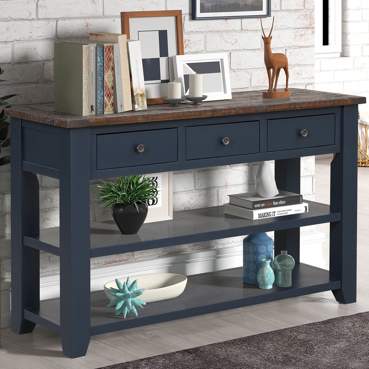 49'' Rectangular Solid 3 Drawer 2 Shelf Console Table - Blue Home Essentials