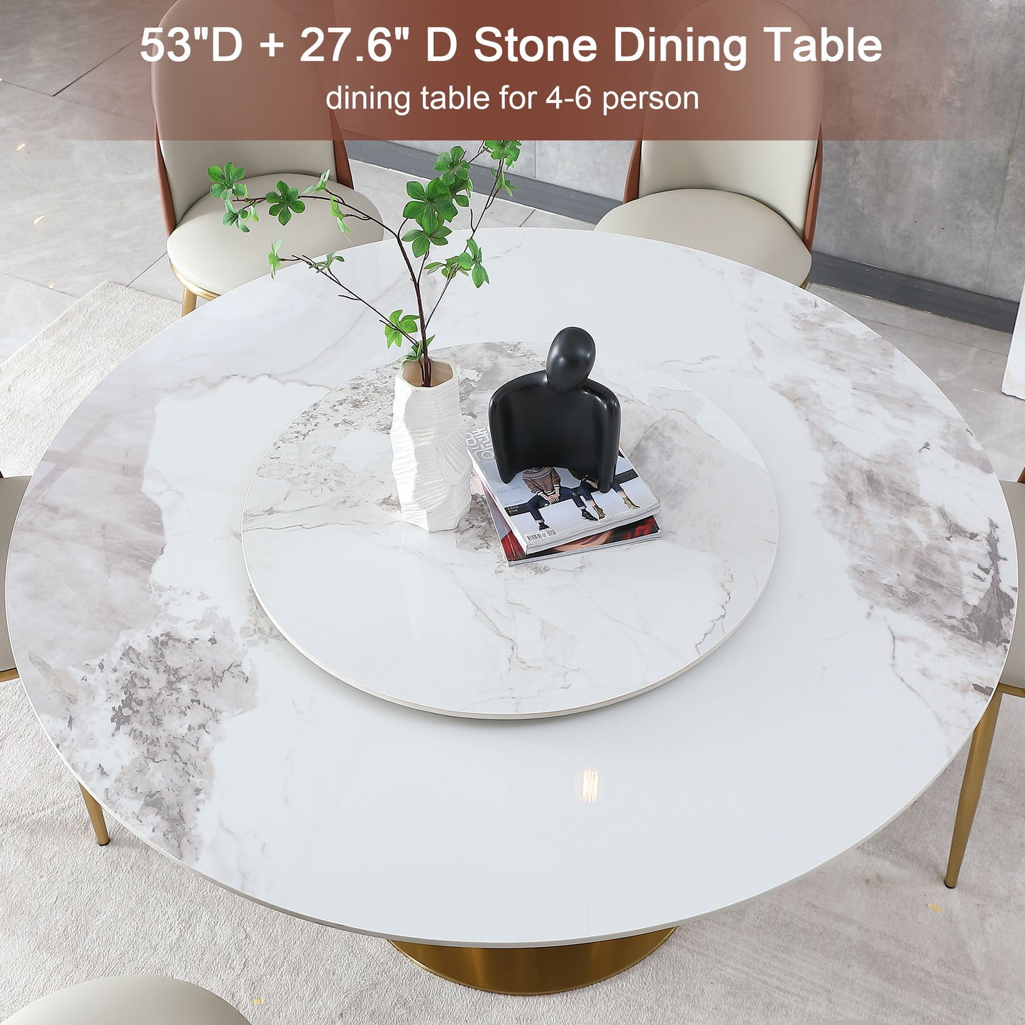 53" Round Marble Dining Table With Lazy Susan, Dining Room, Dinette (Table Only) - Gold / Gold / White Home Essentials