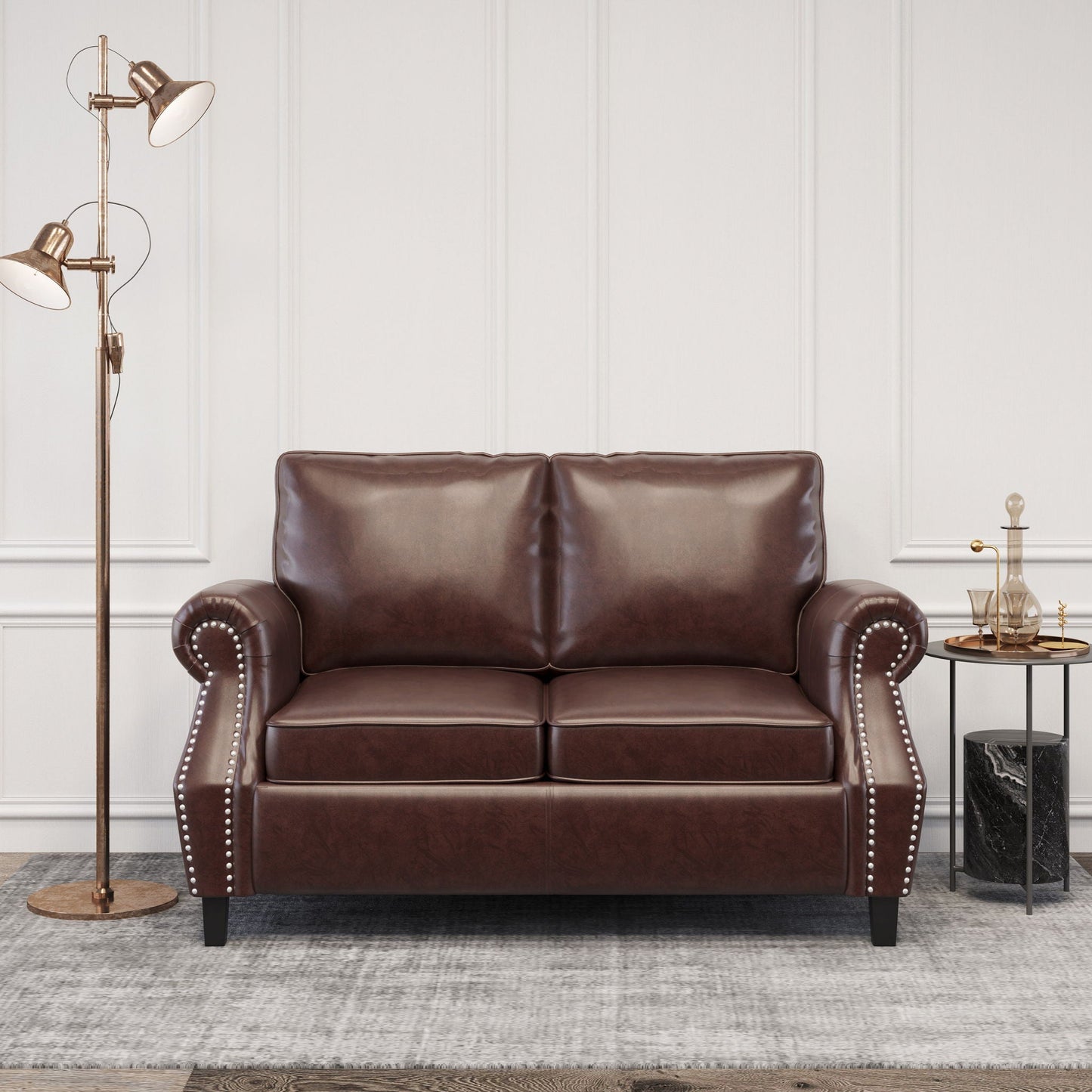 Contemporary Loveseat With Nailhead Trim - Dark Brown Noble House