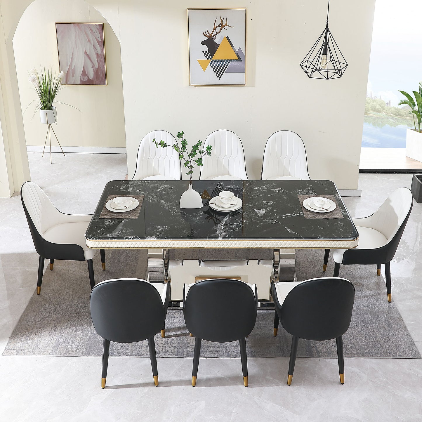 Luxury Modern Dining Table With Faux Marble Top And Dual Circle Base - Black Home Essentials