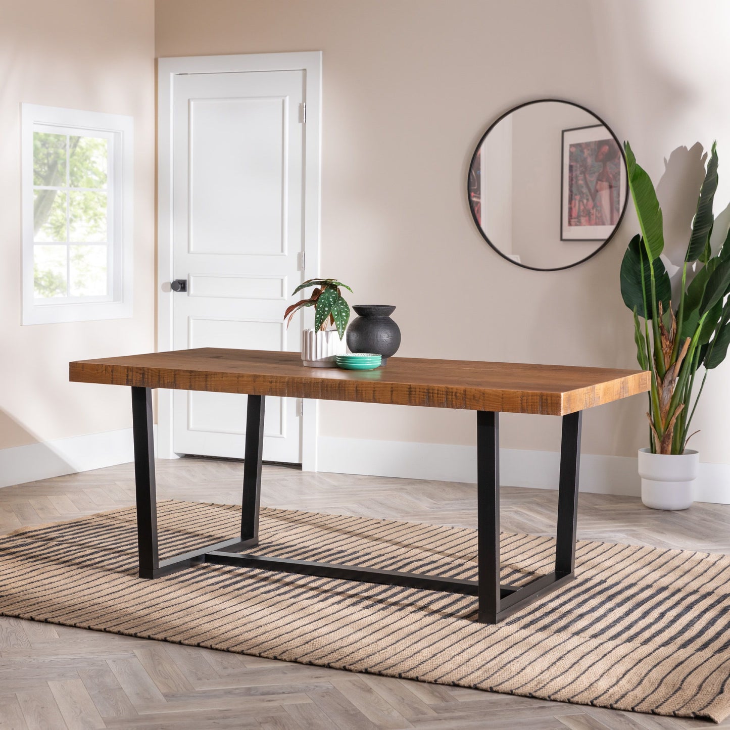 Modern Distressed Solid Wood And Metal Open Frame Dining Table Walker Edison