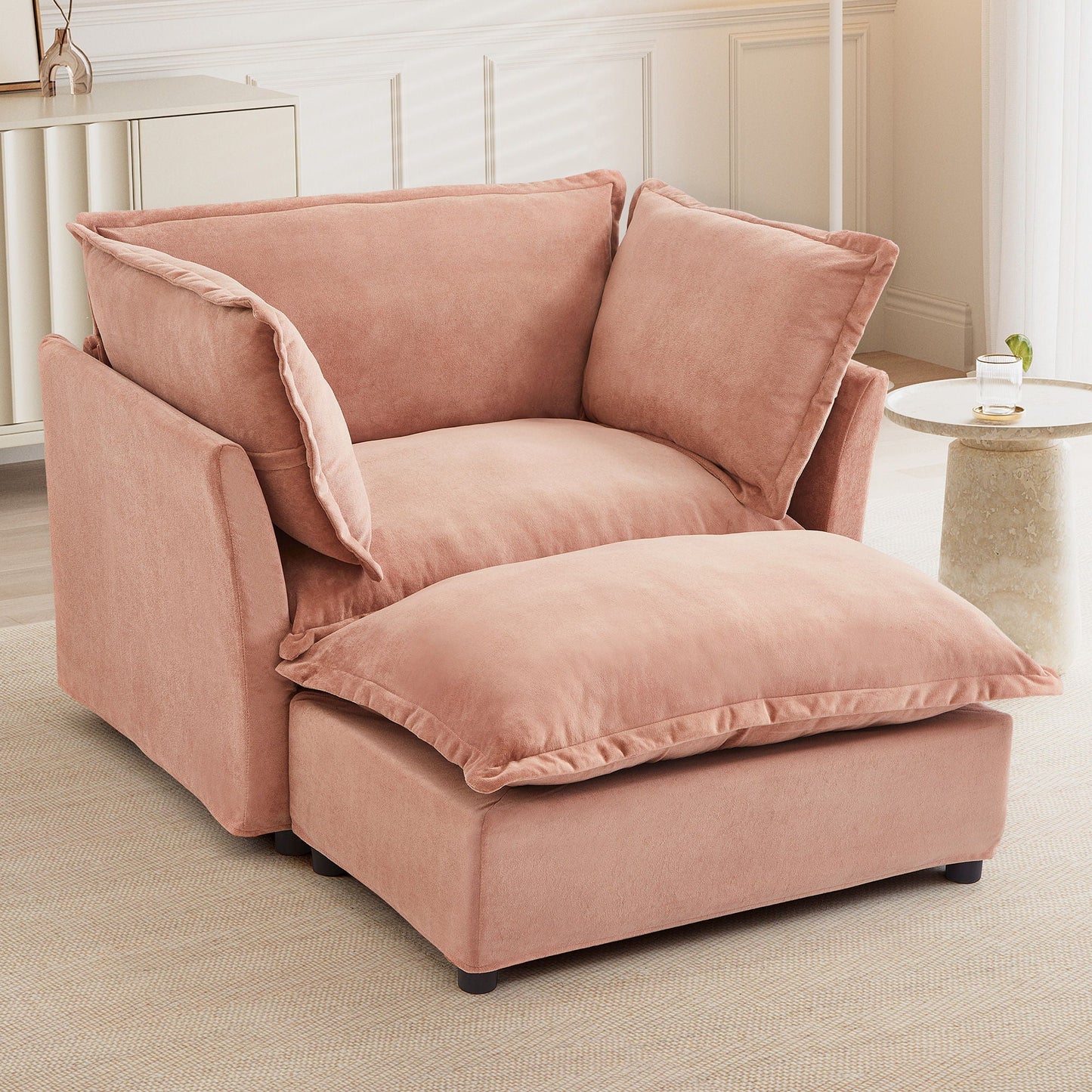 Modern Cozy Upholstered Armchair Sofa With Movable Ottoman Hearth and Haven