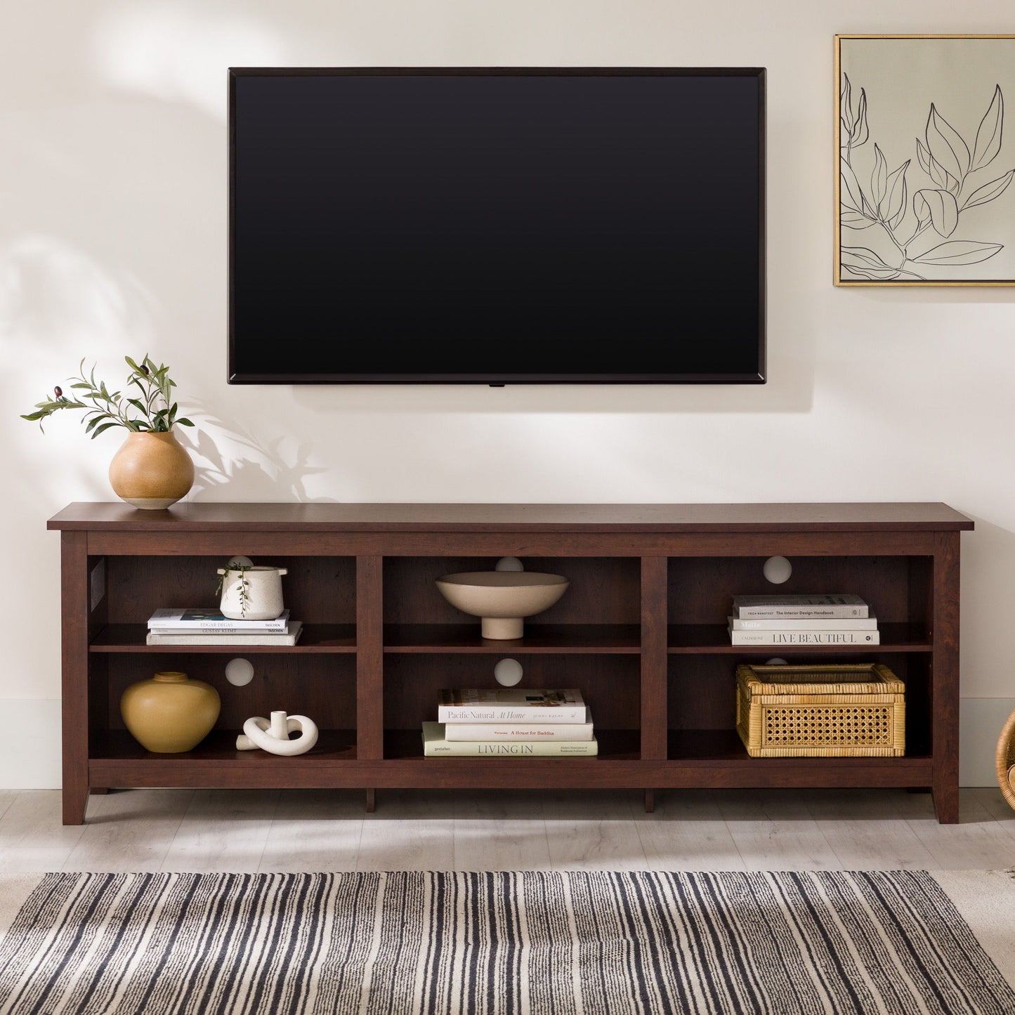 Modern Transitional 3 Shelf Open Storage 70" TV Stand For 80" TVs - Brown Walker Edison