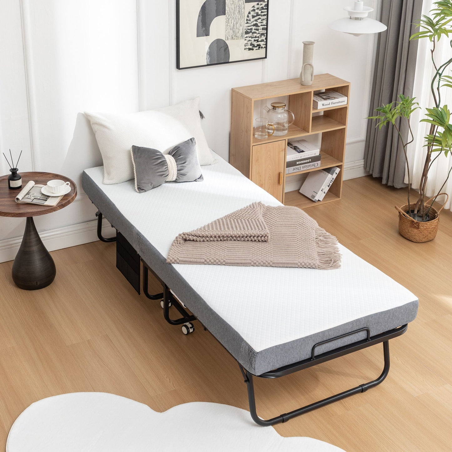 Foldable Metal Frame Bed For Guest With Memory Foam Mattress On Wheels, Saving Space Rollaway Bed Home Essentials