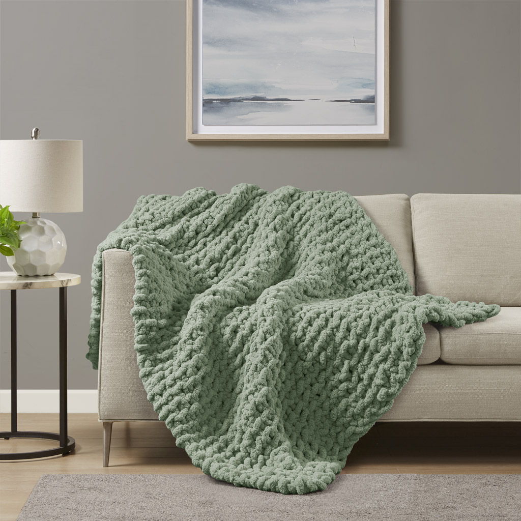 Chenille Chunky Knit - Throw - Sage Green Madison Park