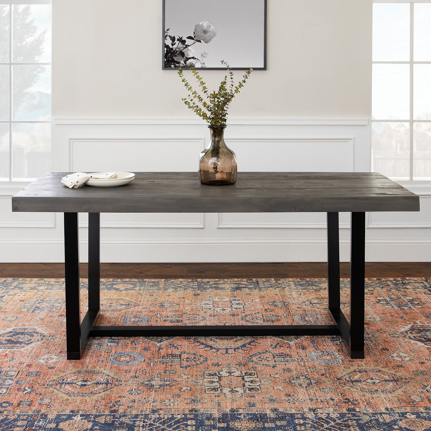 Modern Distressed Solid Wood And Metal Open Frame Dining Table Walker Edison