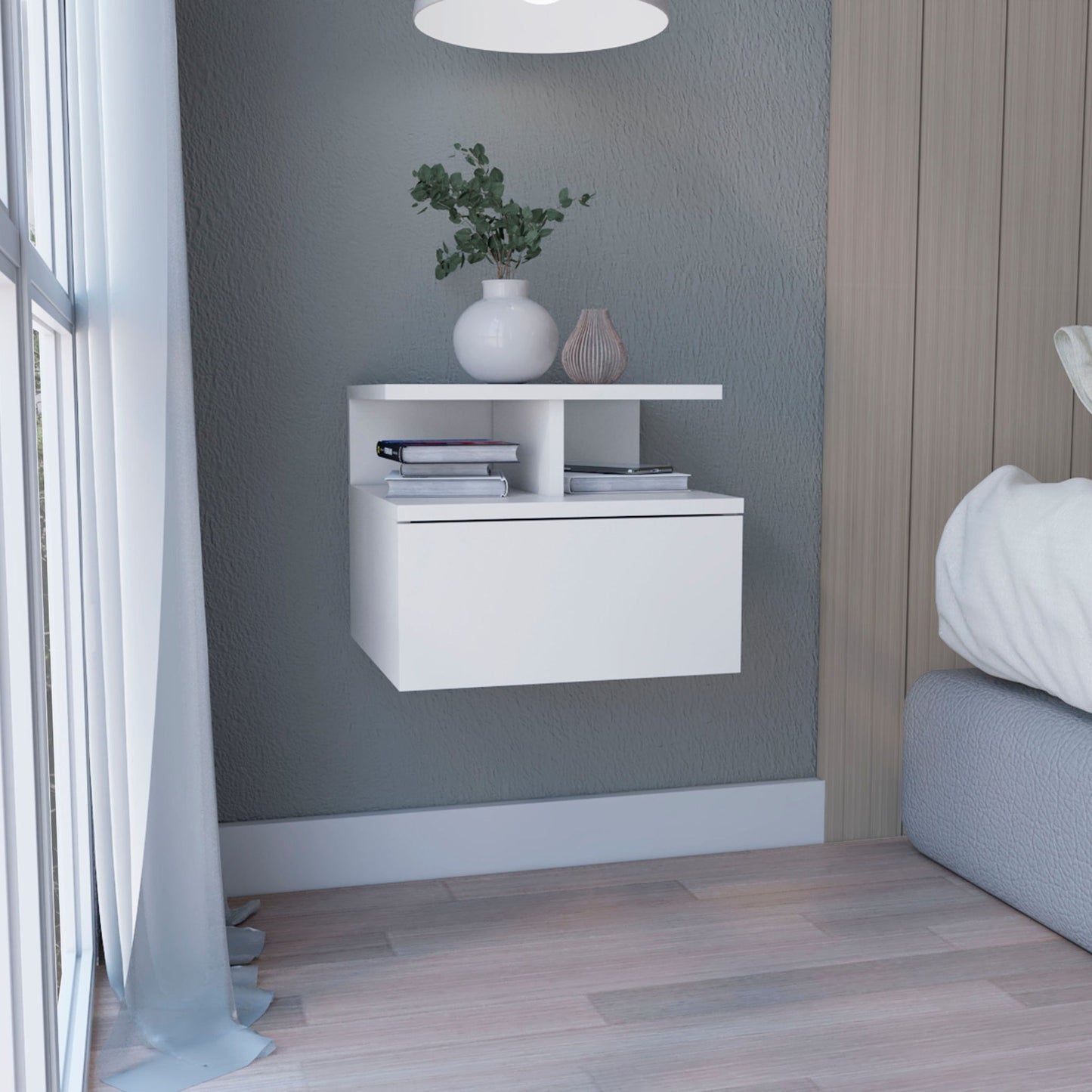 Floating Nightstand Wall Mounted With Single Drawer And 2 Tier Shelf - White Home Essentials