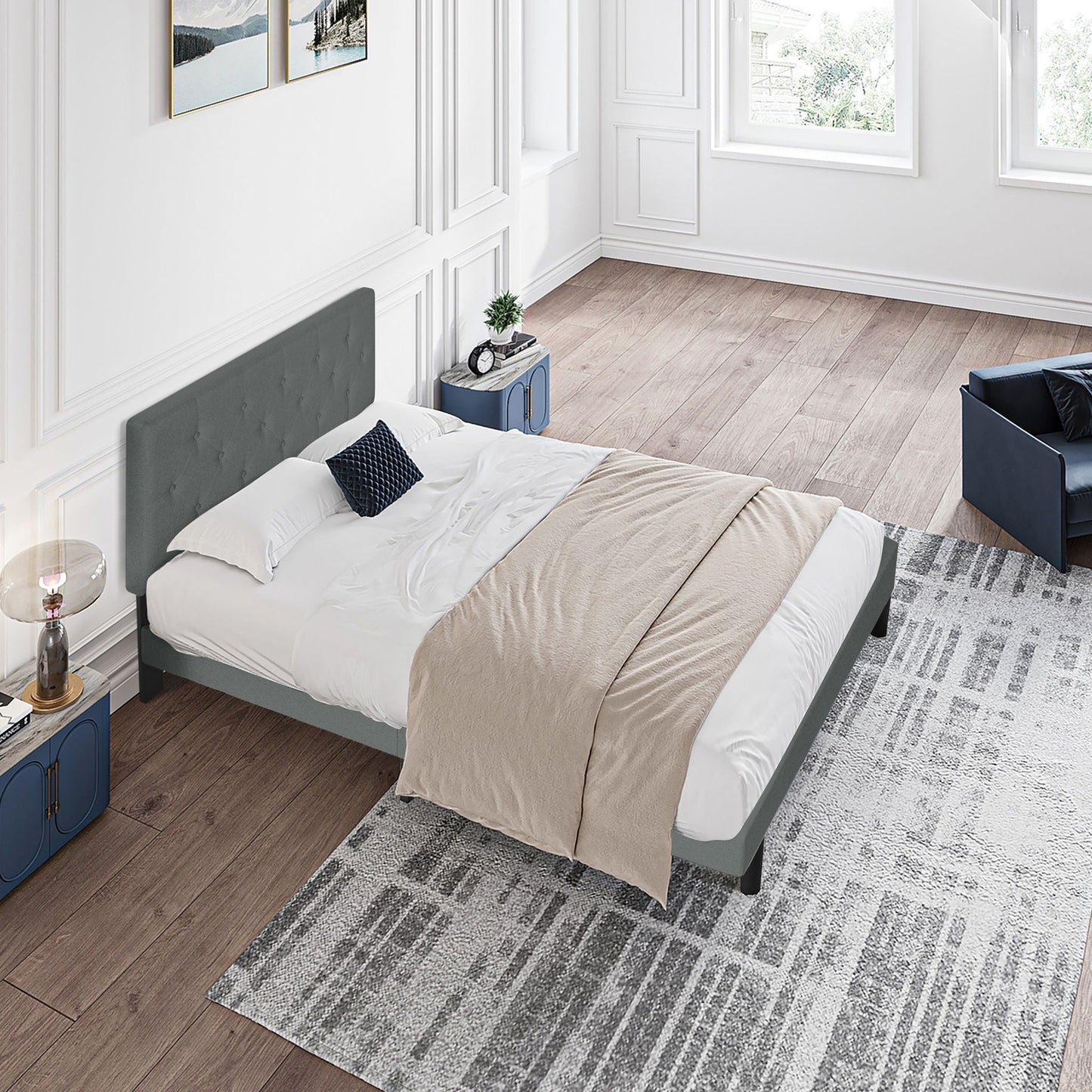 Modern Upholstered Platform Bed Frame With Button Tufted Linen Fabric Headboard Home Essentials