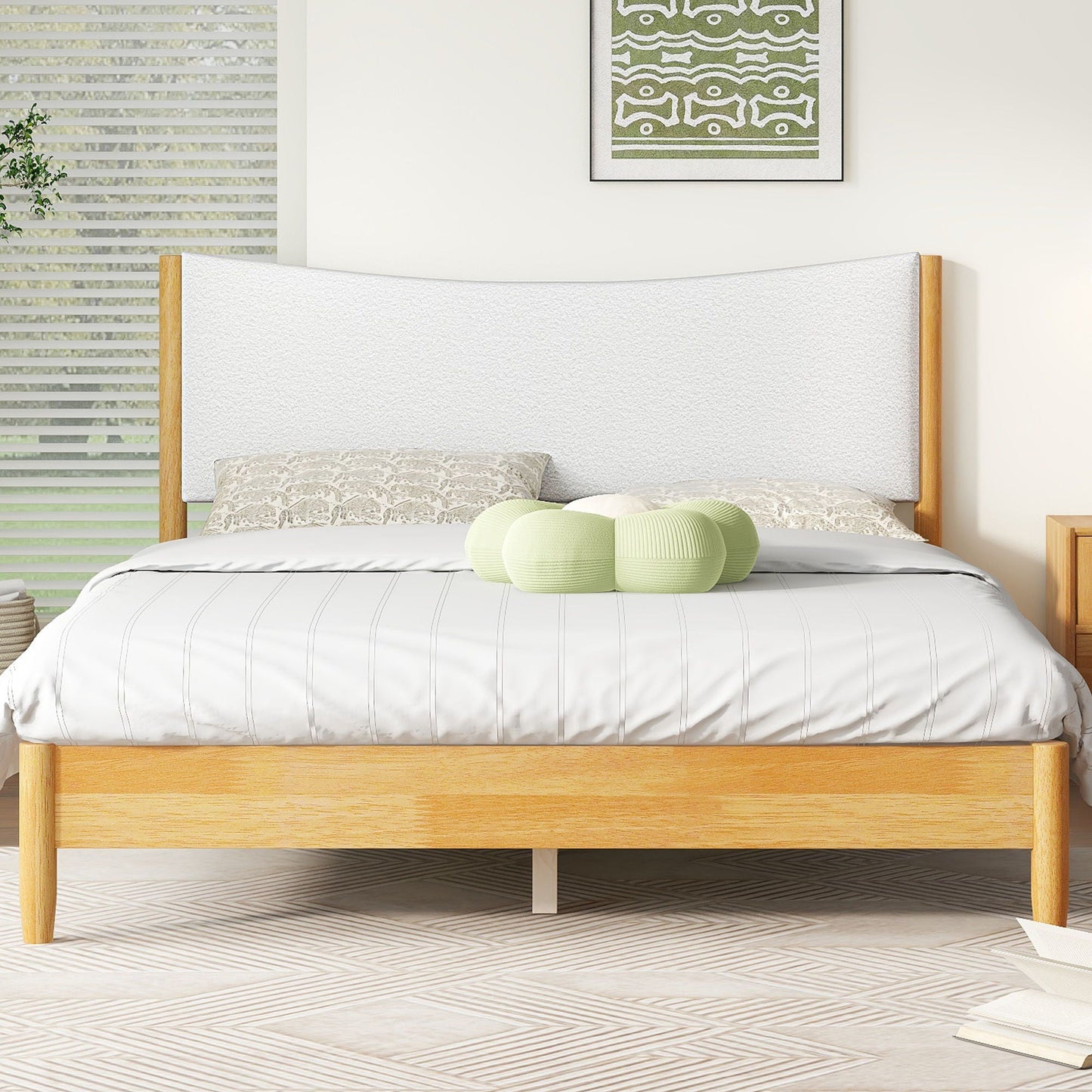 Queen Size Rubber Wooden, Solid Wooden Bed With Teddy Velvet Cushion Upholstered Headboard, Enhanced By Support Feet - Natural Home Essentials