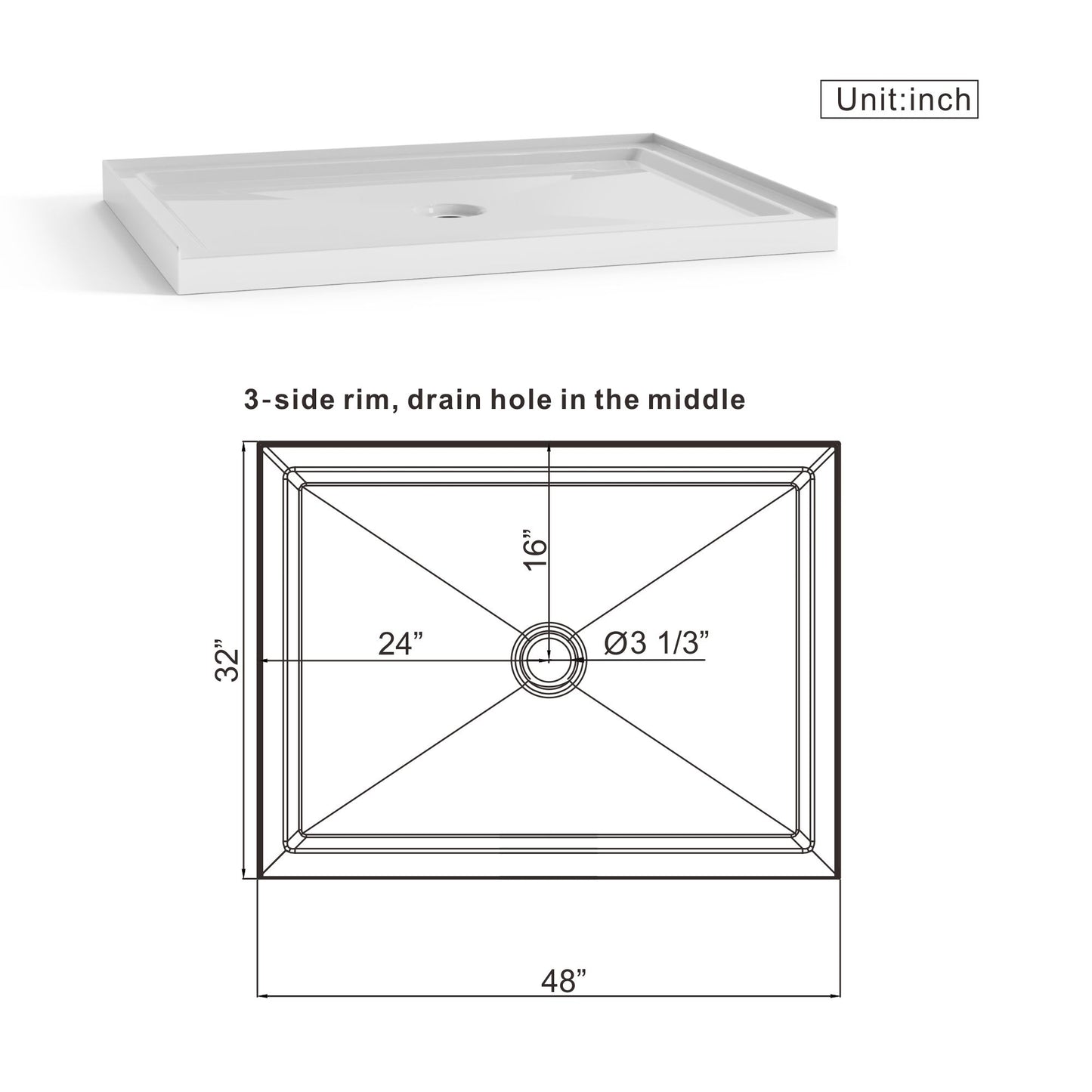 Shower Base Anti Slip Center Drain Single Threshold 32" X 48" - White Daily Nest