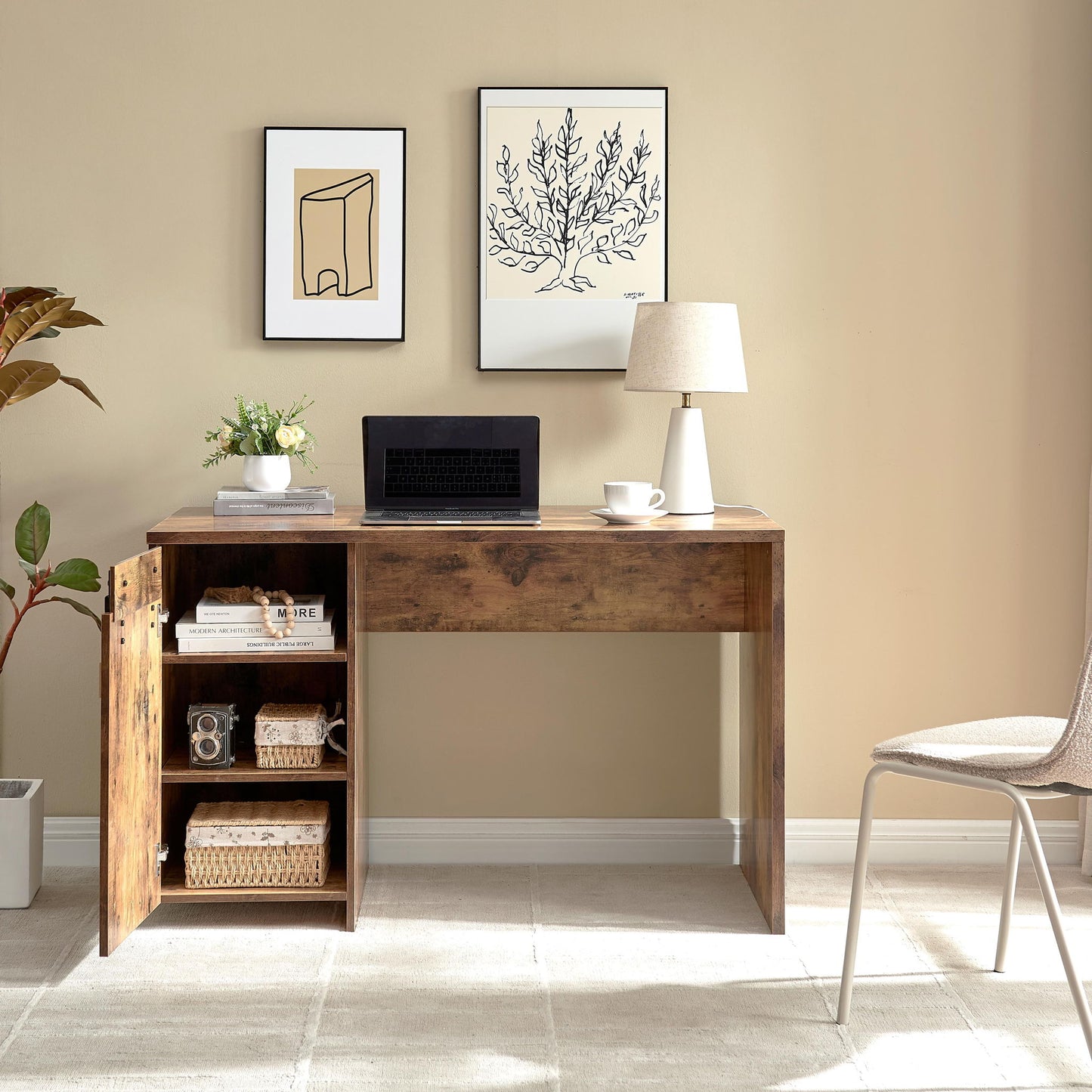Home Office Desk One Cabinet Three Shelves Faux Barn Door On Metal Euro Hinges Modesty Panel - Distressed Wood Home Essentials