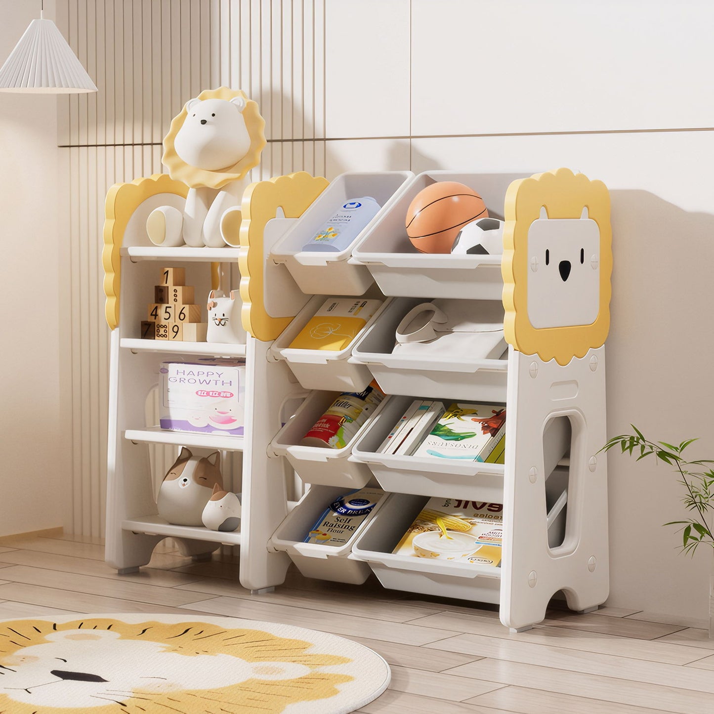 Kids Bookshelf And Toy Storage, 4 Tier Toy Organizers With 8 Removable Storage Bins, Kids Toy Storage Organizer For Study Room - Gray / White / Yellow Home Essentials