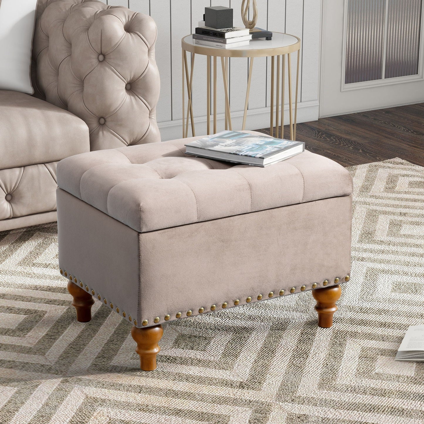 Upholstered Ottoman With Storage And Rivet Trim Home Essentials