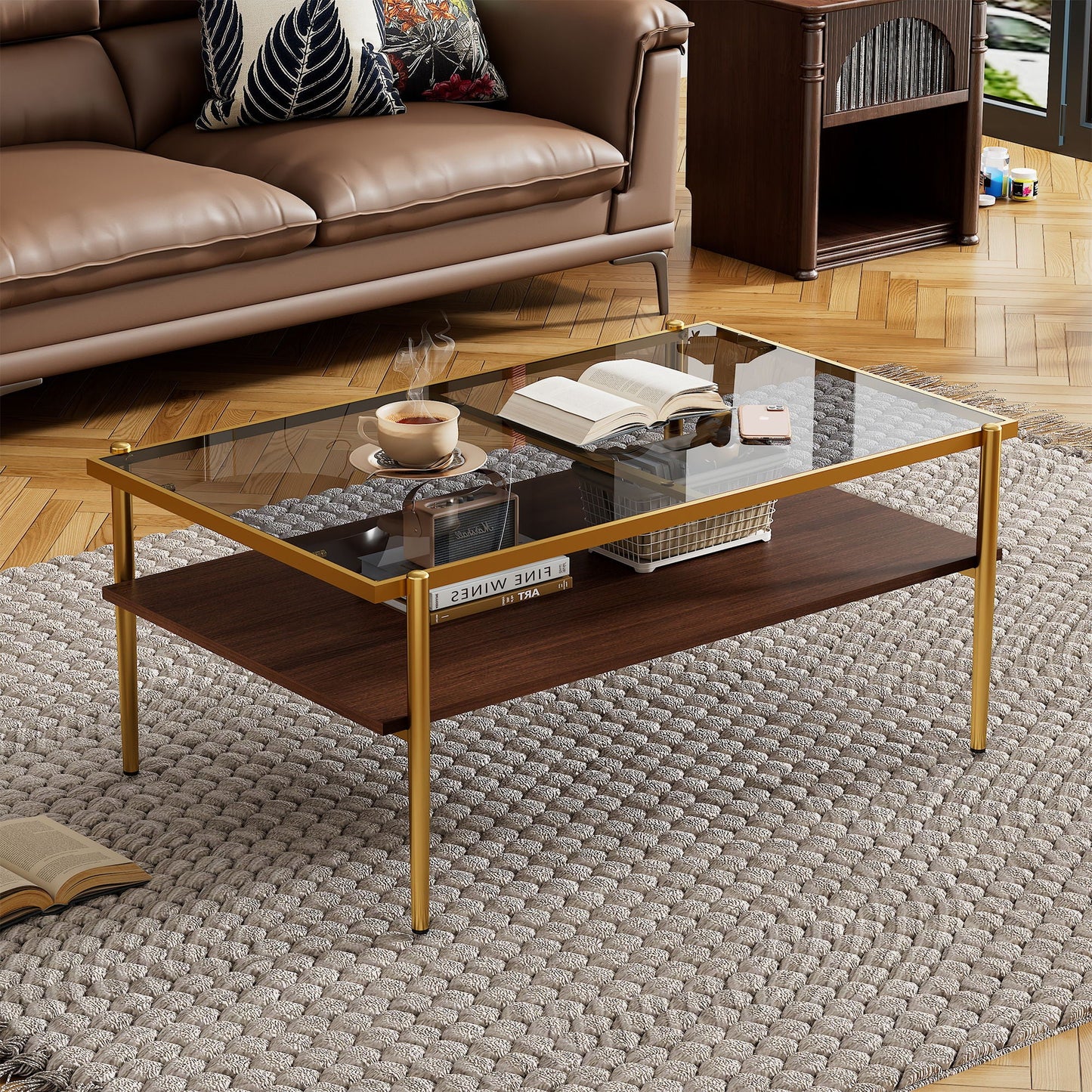 Rectangle Coffee Table With Tempered Glass Top And White Legs, Modern Table For Living Room Home Essentials