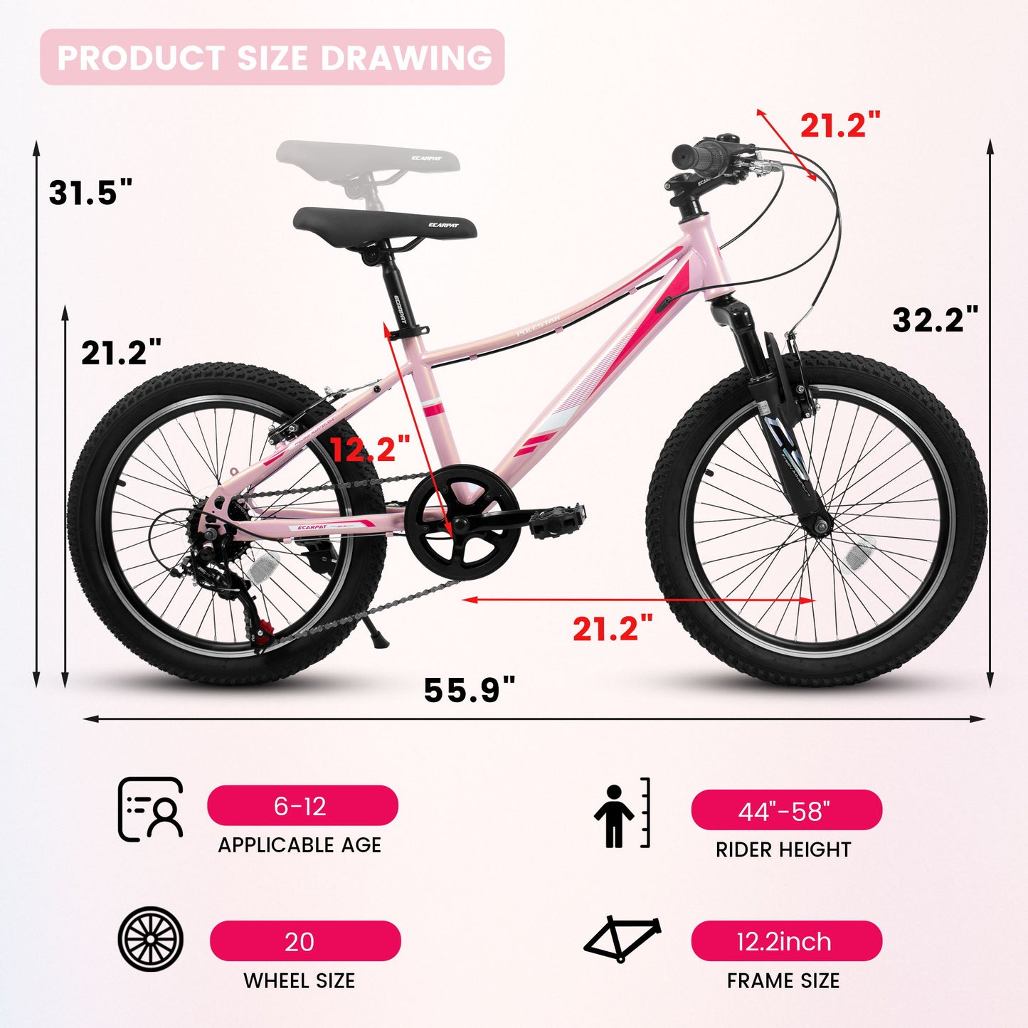 20" Children's Bicycle Shock Absorbing Front Fork 7 Speed V Brakes Mountain Tire Boys And Girls Kids Bike For Outdoor Adventure - Pink Daily Nest
