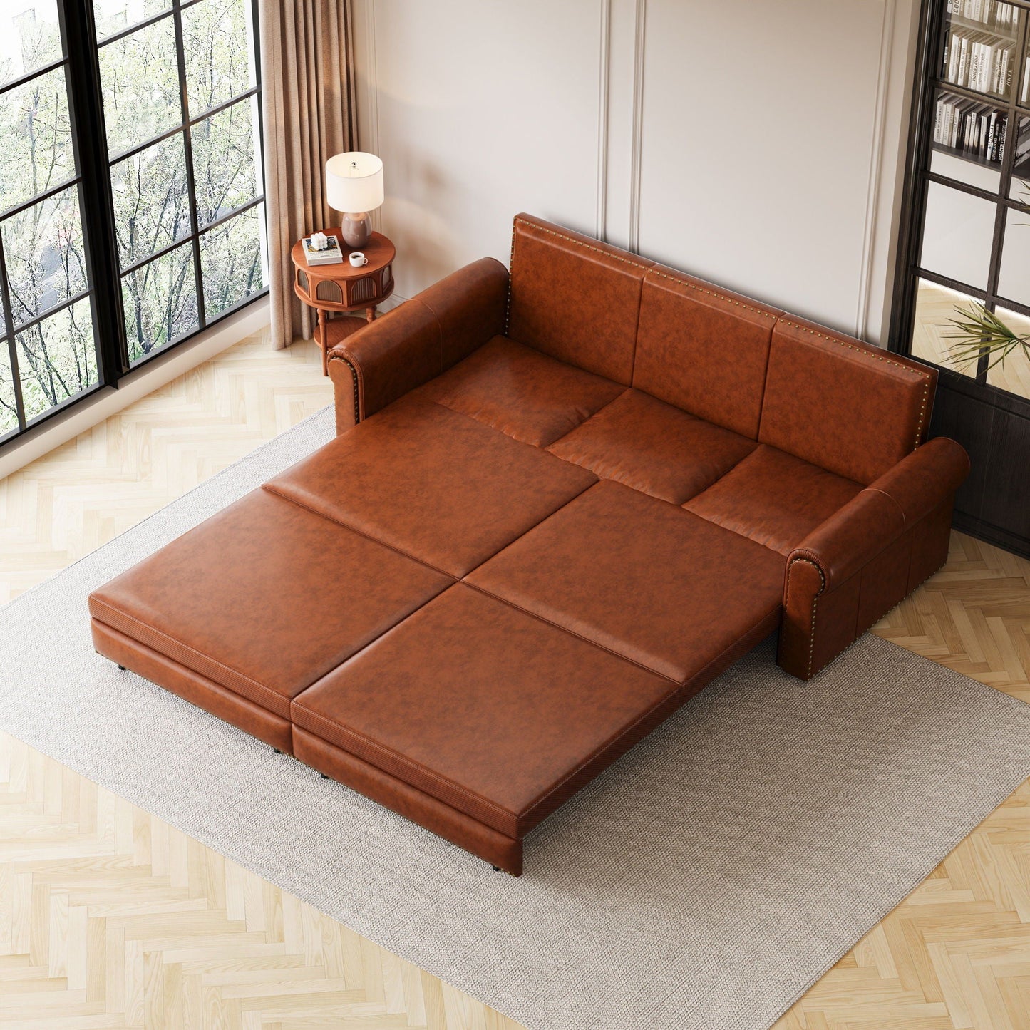 3 In 1 Convertible Sleeper Sofa With Nailhead Trim & Rolled Arm Home Essentials
