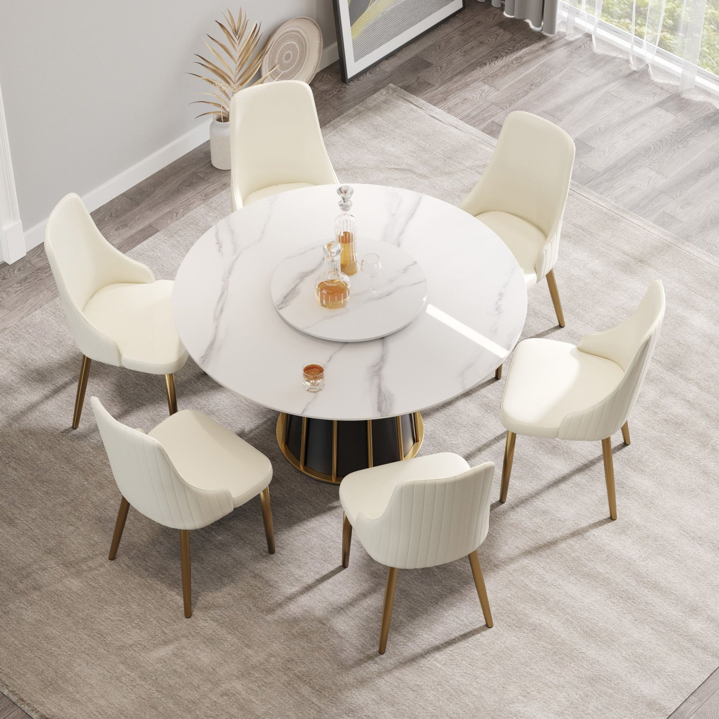 53.15" Modern Artificial Stone Round Panel Metal Iron Base Dining Table, Can Accommodate 6 People-23.62" Artificial Stone Turntable (Not Including Chairs) - White / Black Home Essentials