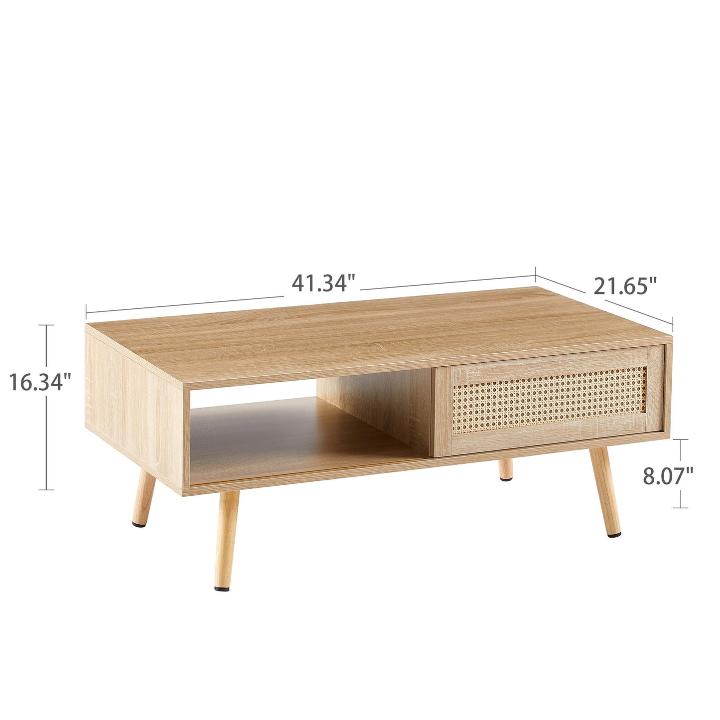 41.34" Rattan Coffee Table, Sliding Door For Storage, Solid Wood Legs, Modern Table For Living Room Home Essentials