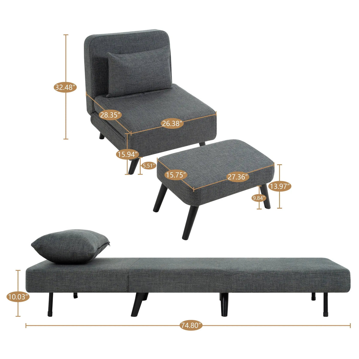 3 In 1 Foldable Chaise Lounge With Adjustable Backrest Home Essentials
