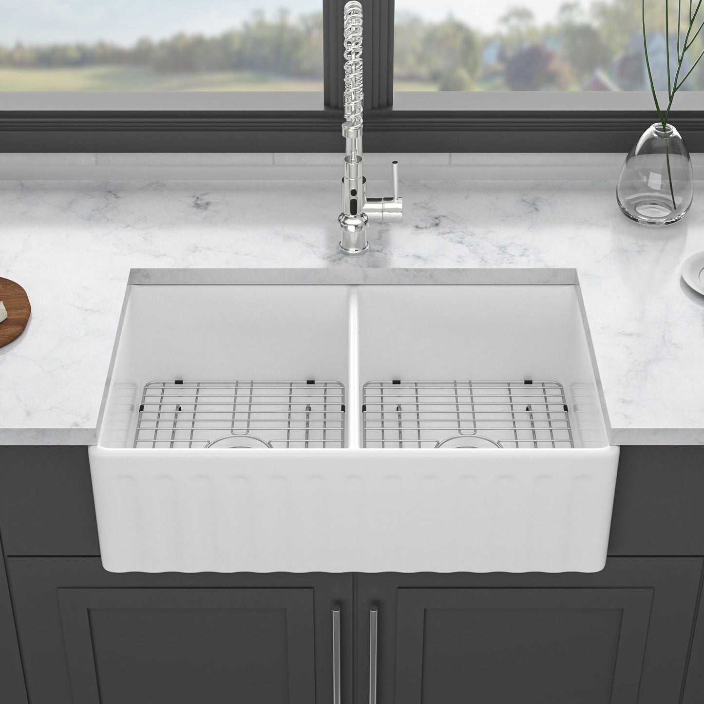 Sink 33" Double Bowl Kitchen Sink With Deep Bowls And Grids - White Daily Nest