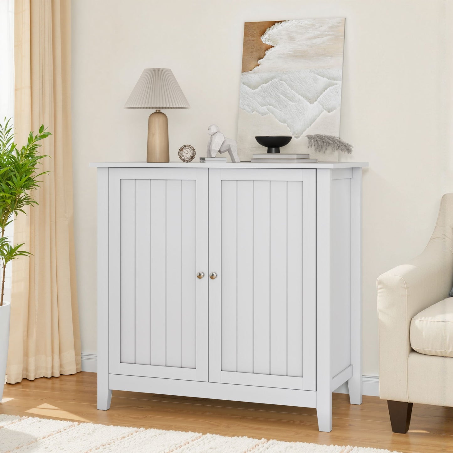 Mid Century Modern Double Door Storage Cabinet With Knobs - White Home Essentials