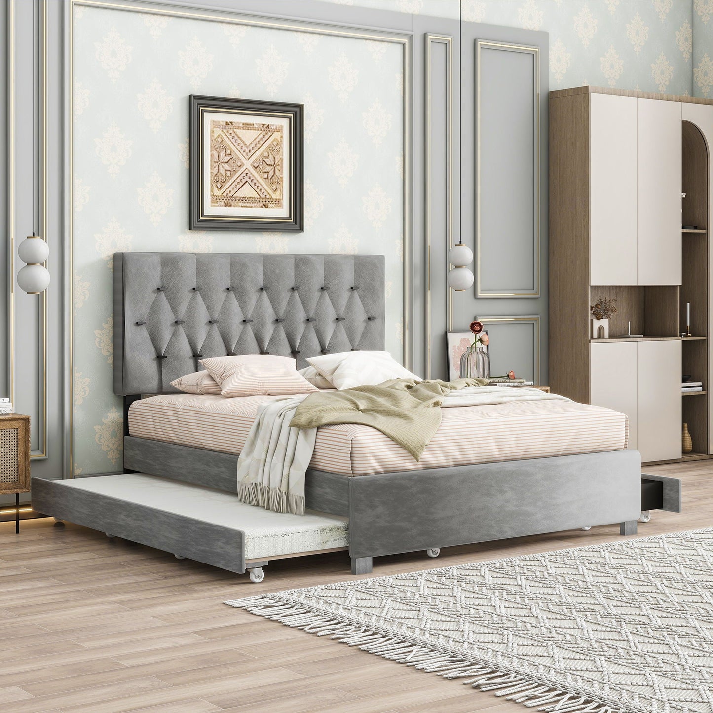 Trundle Pull Out Drawers Storage Upholstered Bed Modern Design No Box Spring Required Home Essentials