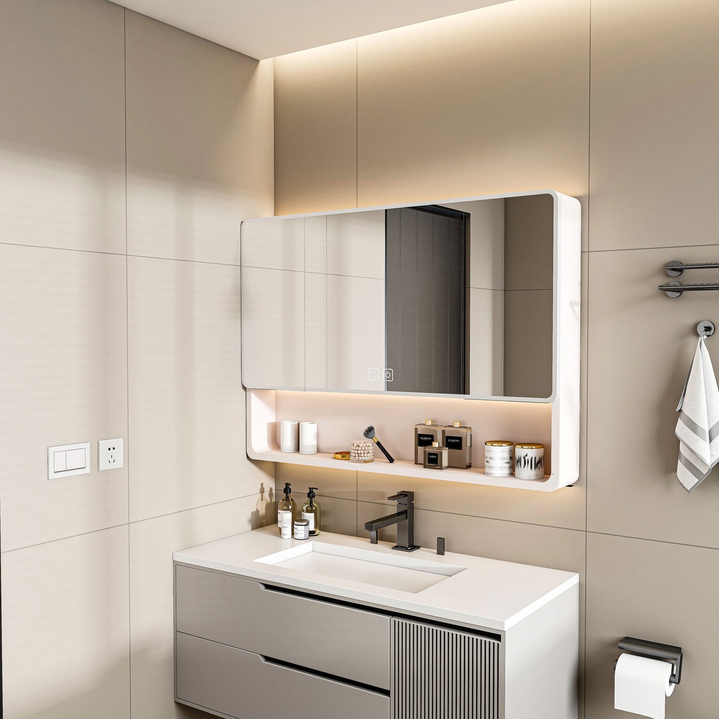 Aluminium Medicine Cabinet Mirror, With 3 Colors LED Light And Defogging Function - Khaki Home Essentials